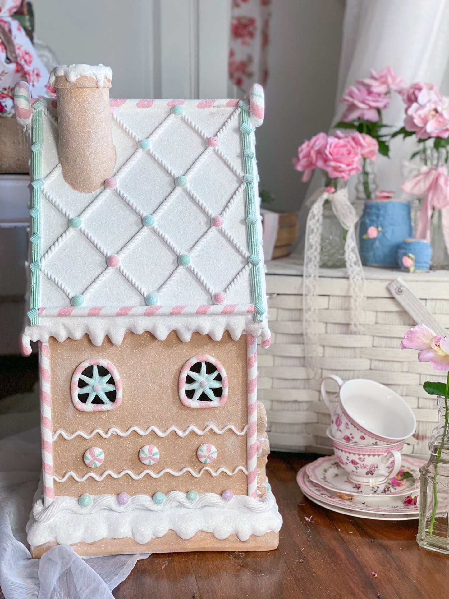 Large Pastel LED Light up Glitter Gingerbread House