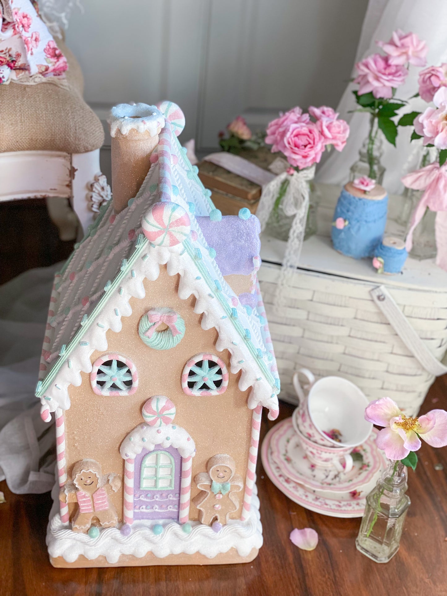 Large Pastel LED Light up Glitter Gingerbread House