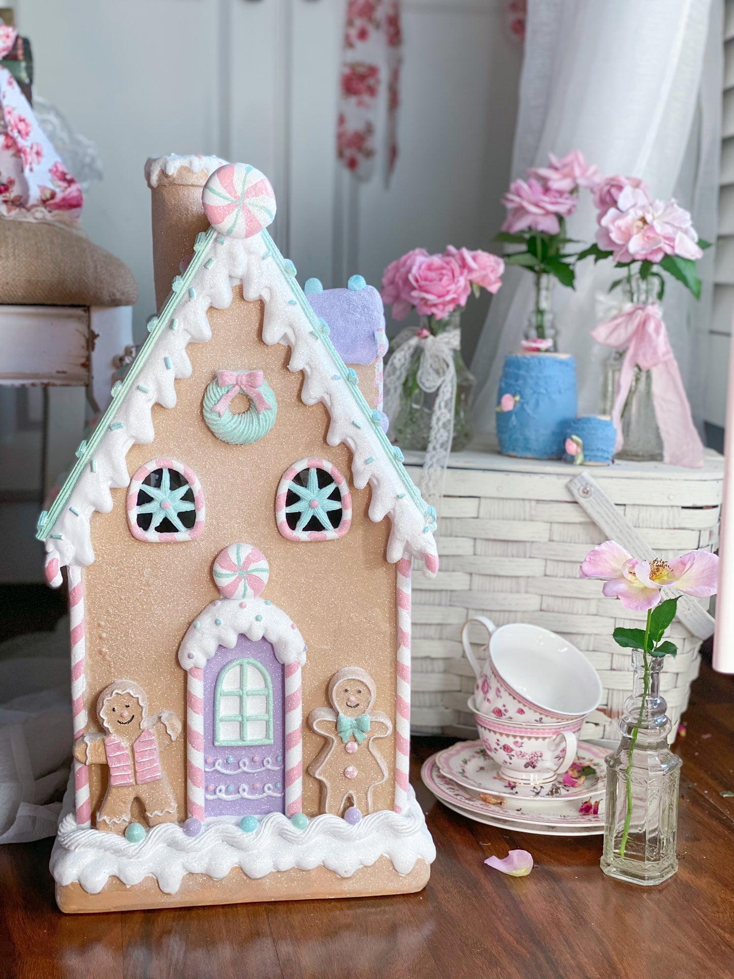 Large Pastel LED Light up Glitter Gingerbread House
