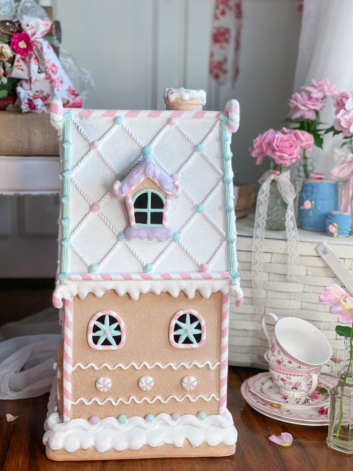 Large Pastel LED Light up Glitter Gingerbread House