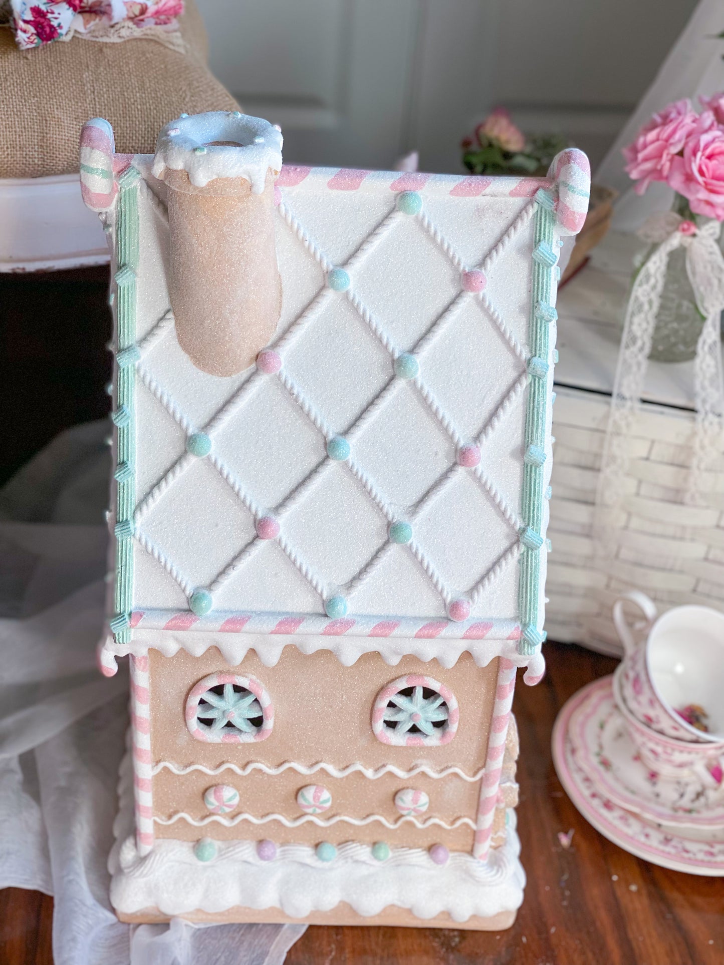 Large Pastel LED Light up Glitter Gingerbread House