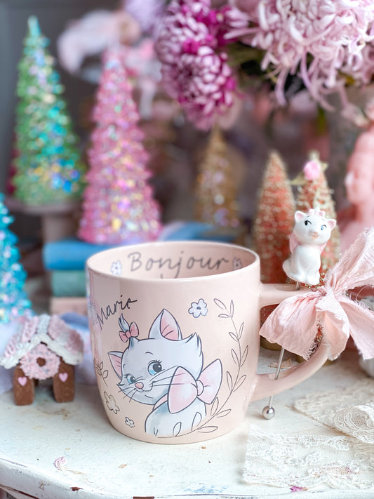 Bonjour Blush Pink White Cat Marie Mug with Stirring stick