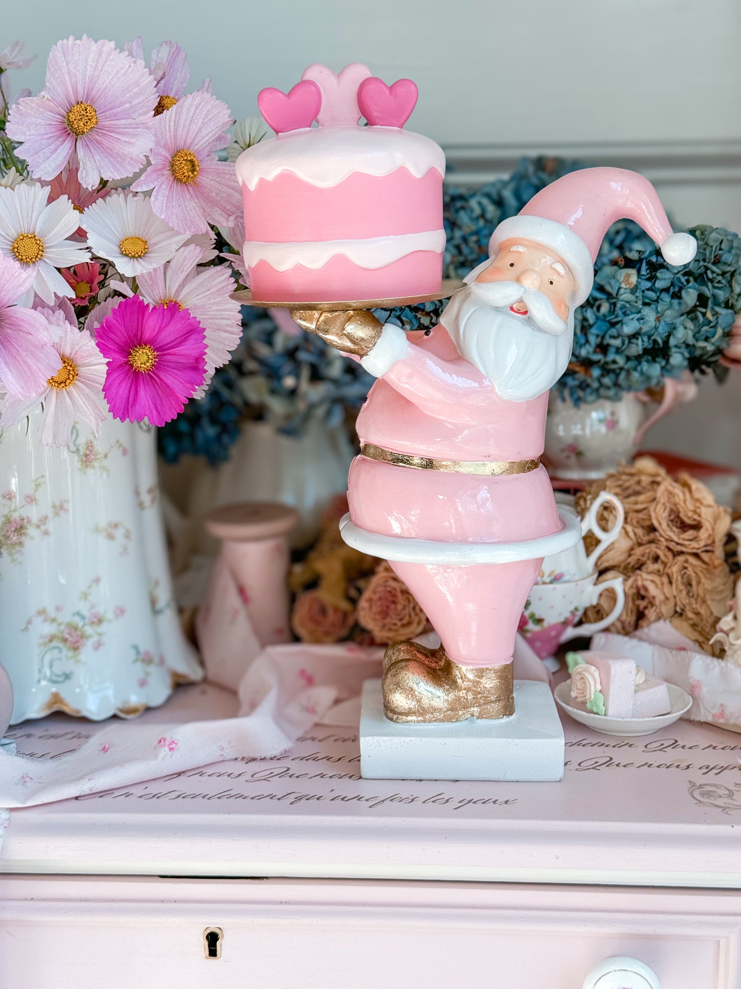 Pastel Pink and gold Santa Cake stand with hand painted ceramic mini cake