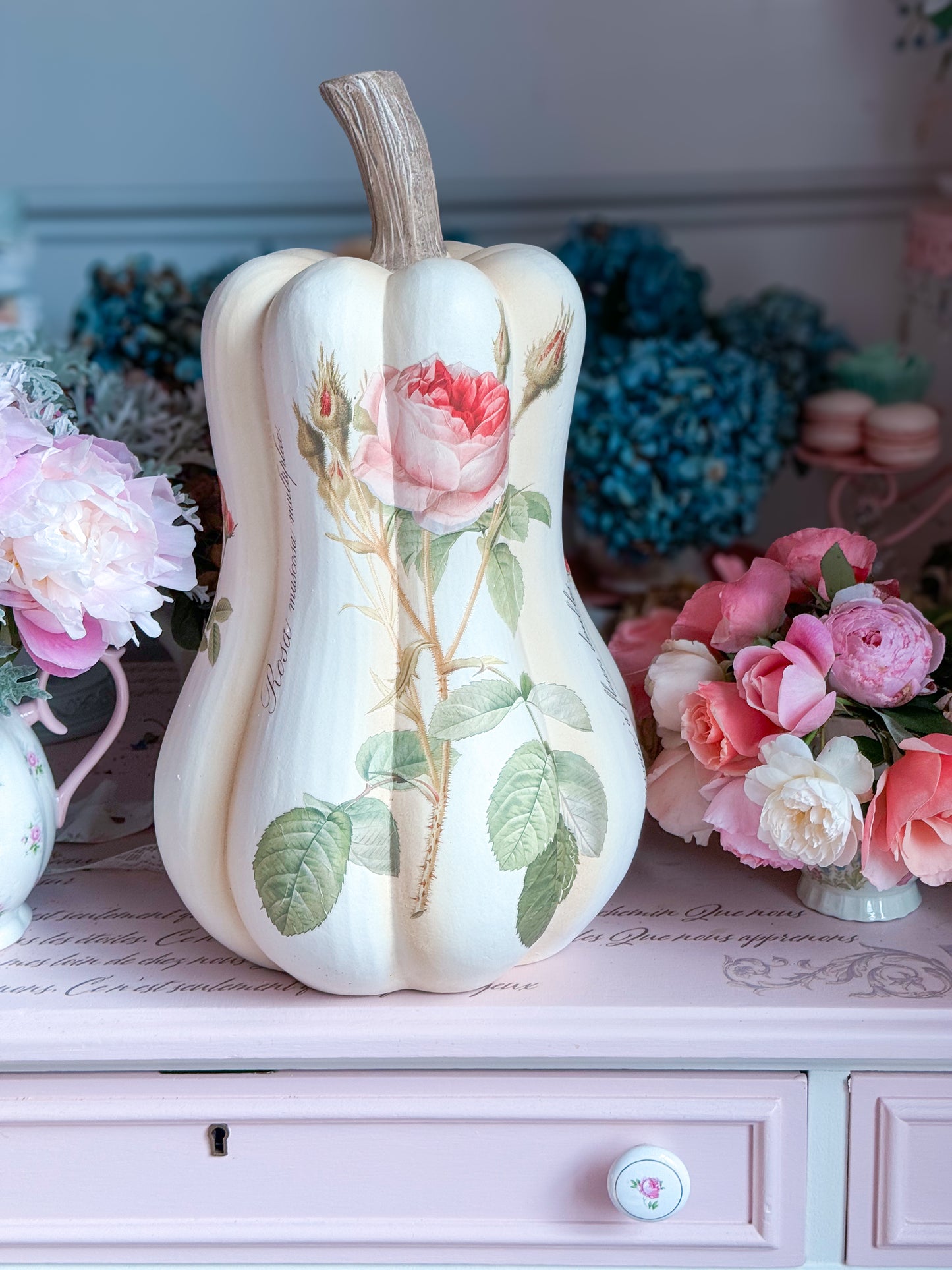 PRE-ORDER: Bespoke Redoute Roses Autumn Pumpkin Gourd with all Pink Roses