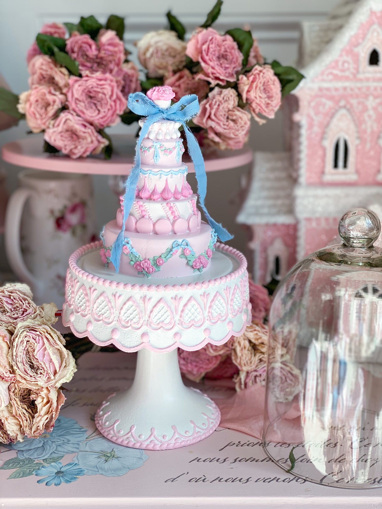 GLOW-UP COMMISSION: Bespoke Hand Painted Pastel Pink, Blue, Mint Green Spring Easter Cake with Cloche