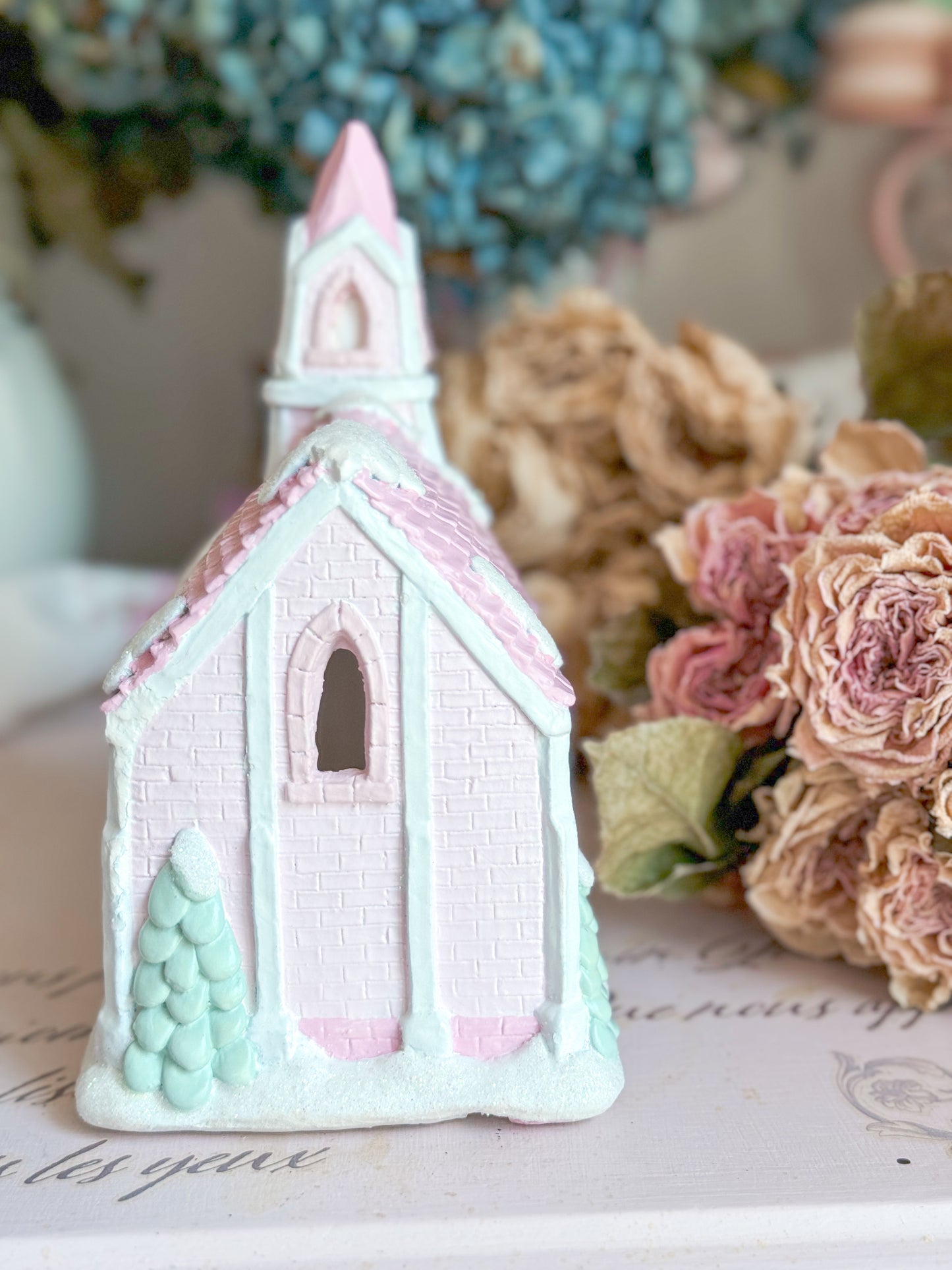 Bespoke Hand Painted Pastel Pink & Blue Christmas Village Church