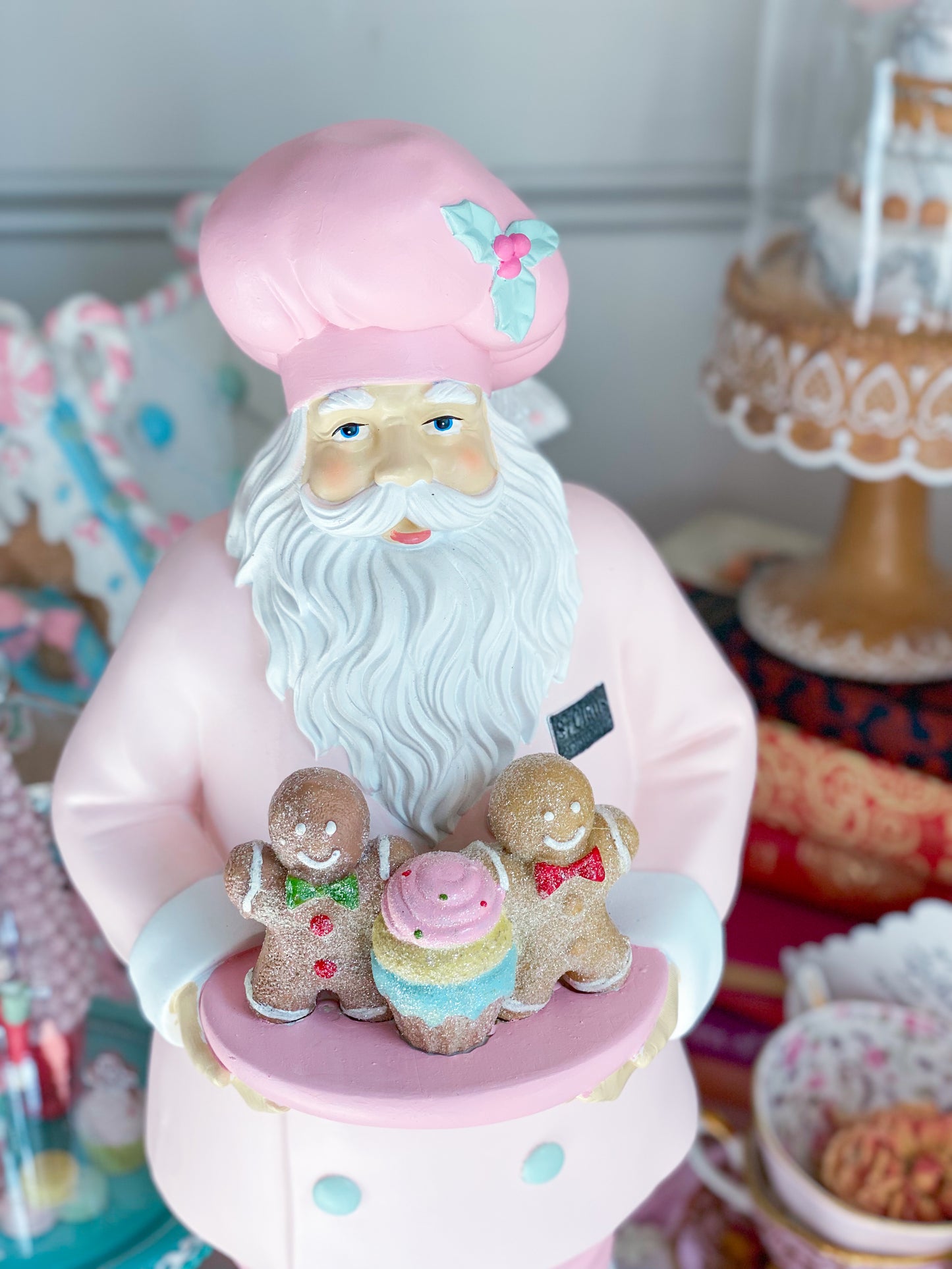 GLOW-UP COMMISSION: Hand Painted Pastel Pink and Mint Green Baking Santa with Gingerbread Men