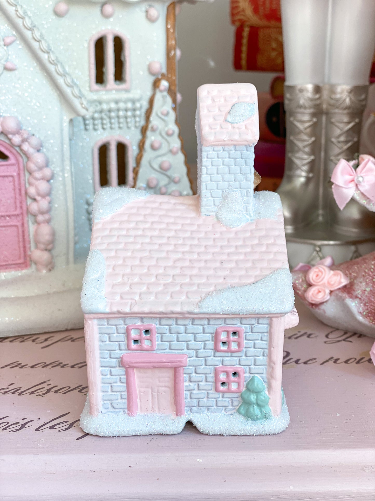 Bespoke Pastel Pink and White Hand Painted Petite Christmas Village School House PRE-ORDER
