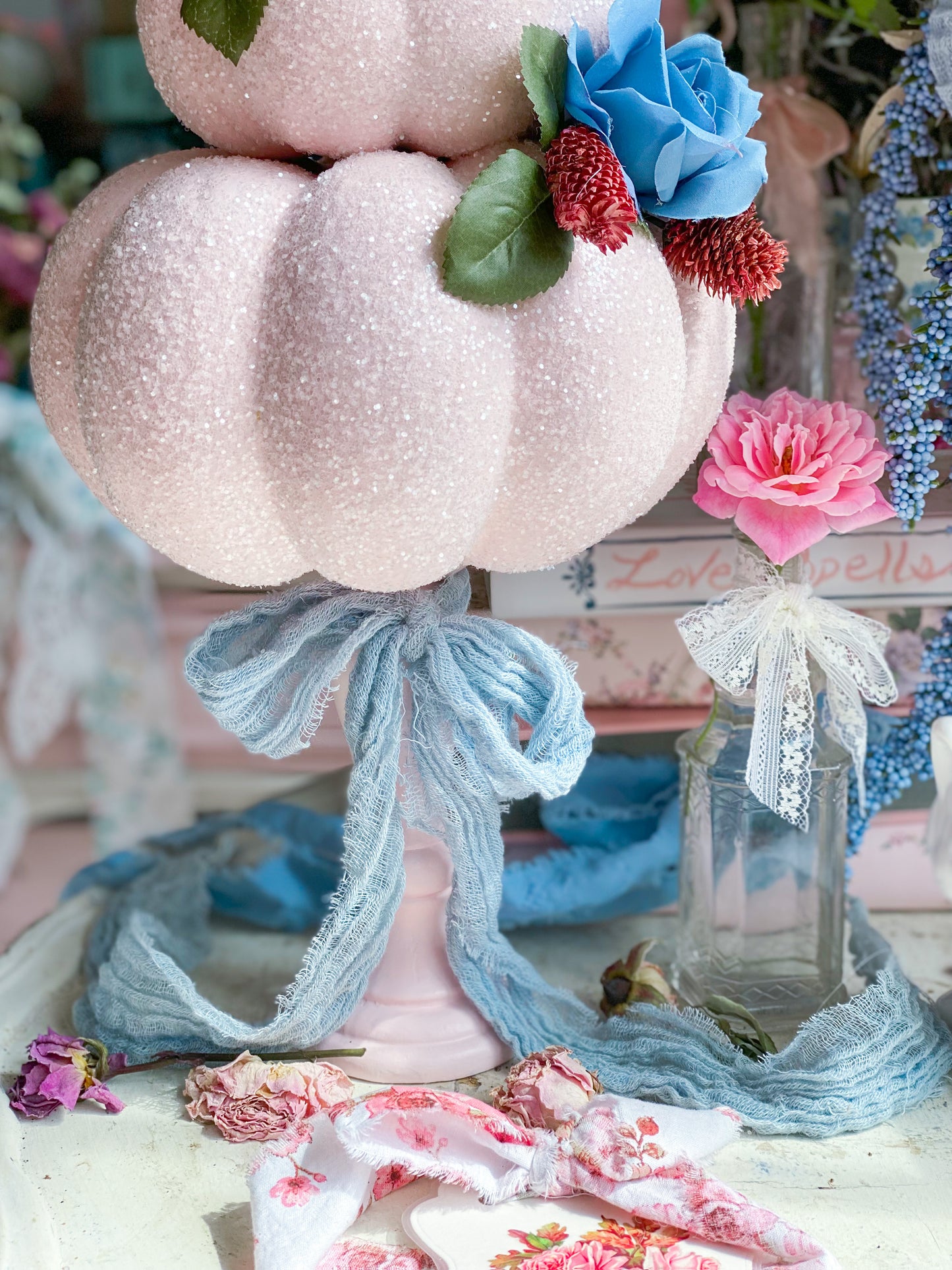 Bespoke Upcycled Pastel Blush Pink and Blue Glitter Glam Pumpkin Topiary