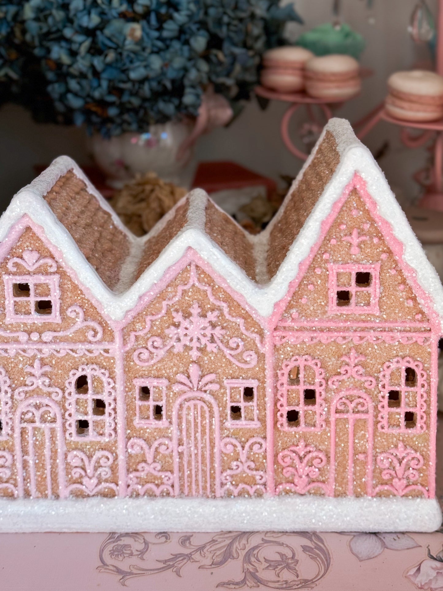 Bespoke Hand Painted Pink Ombre LED Light up Gingerbread Townhouses with Glitter