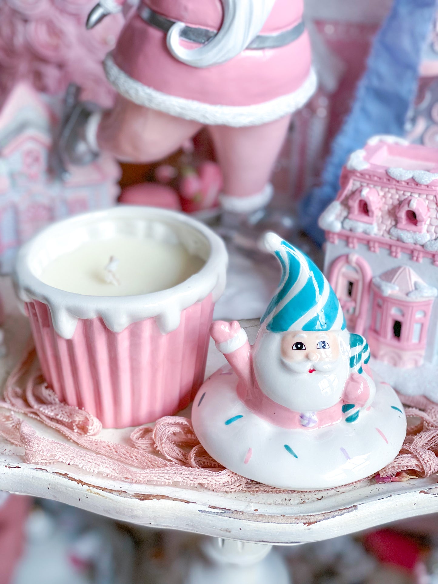 Pastel Pink and Teal Santa Cupcake Candle