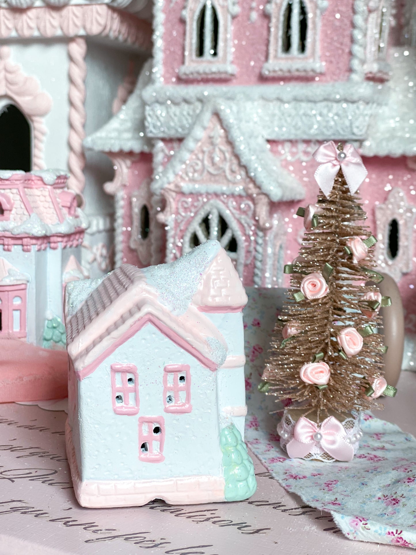 Bespoke Hand painted Pastel Pink and White Christmas Village Library PRE-ORDER