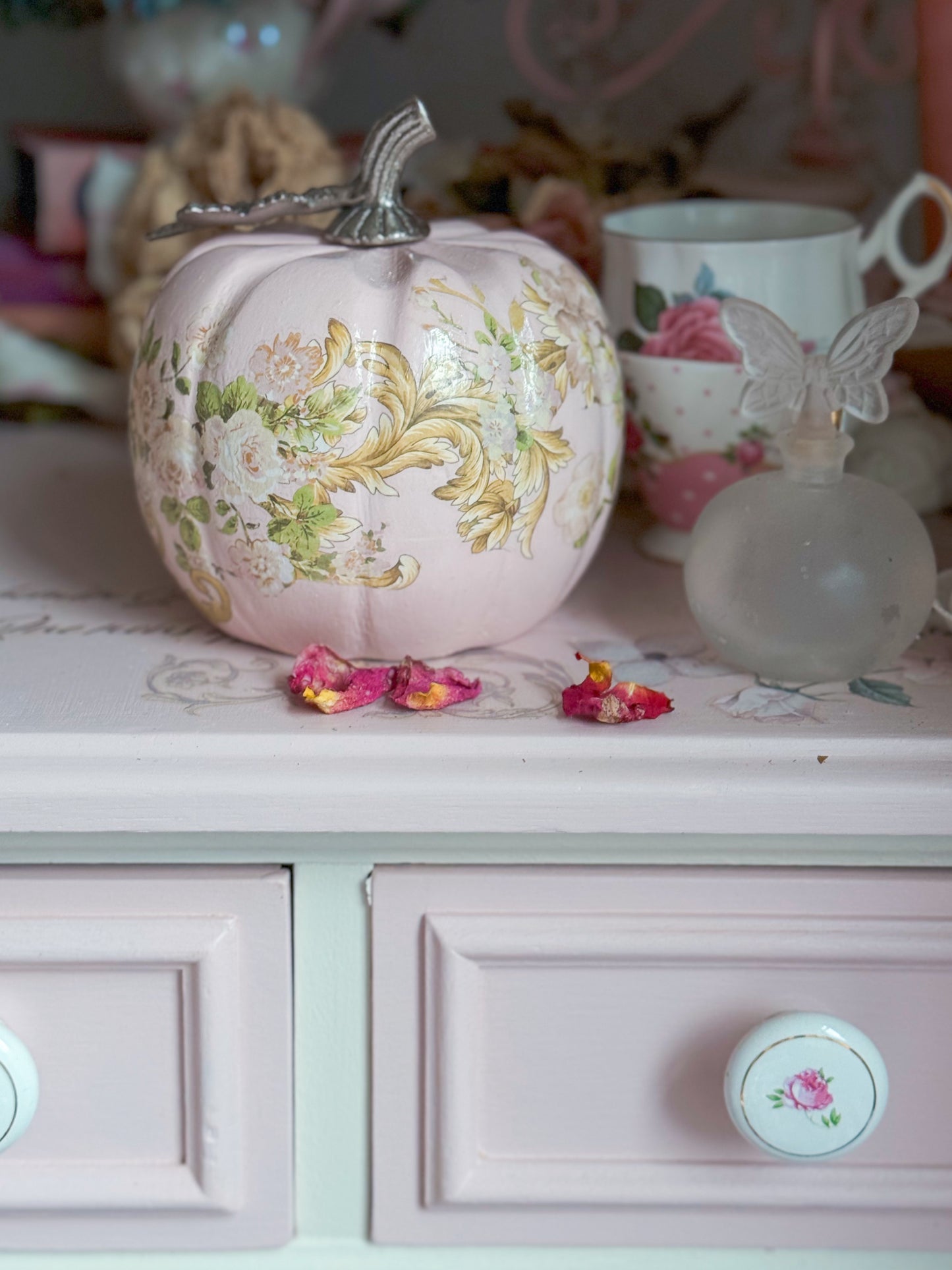 Bespoke Pastel Pink Rococo Hand Painted 5” Floral Pumpkin