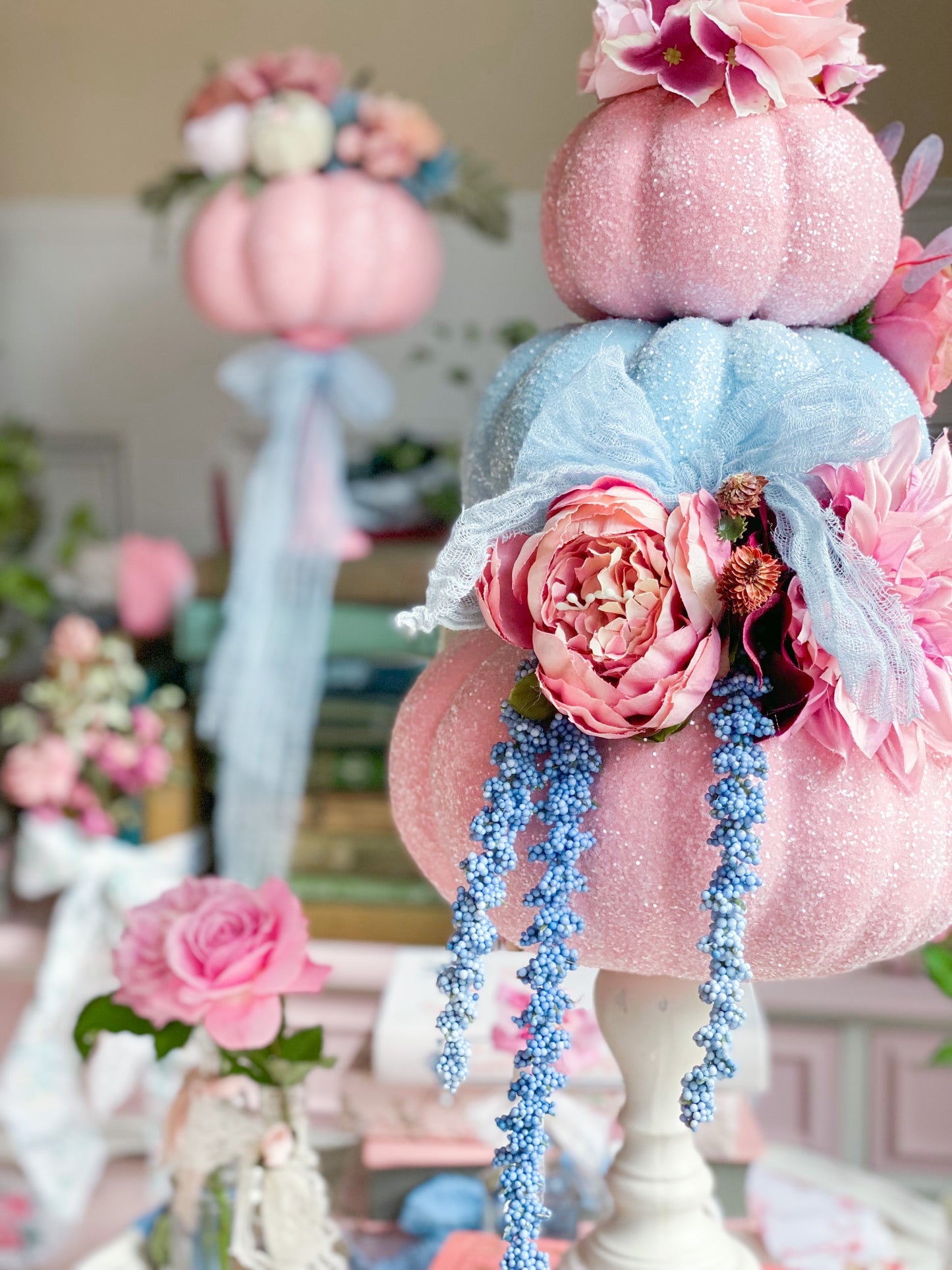 Bespoke Upcycled Pink and Blue Glam 3 Pumpkin Topiary