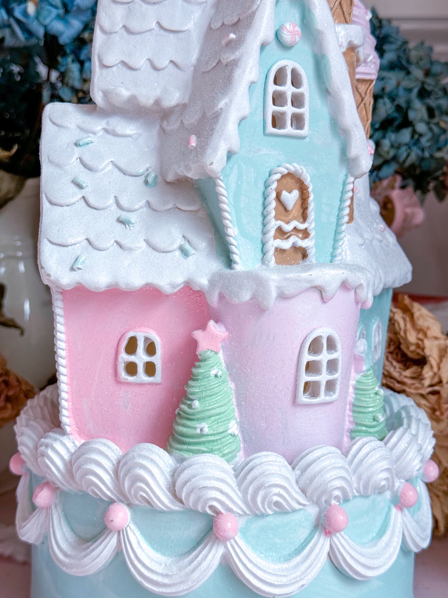 Pastel Pink, Blue and Purple LED light up Gingerbread Christmas Castle Cake