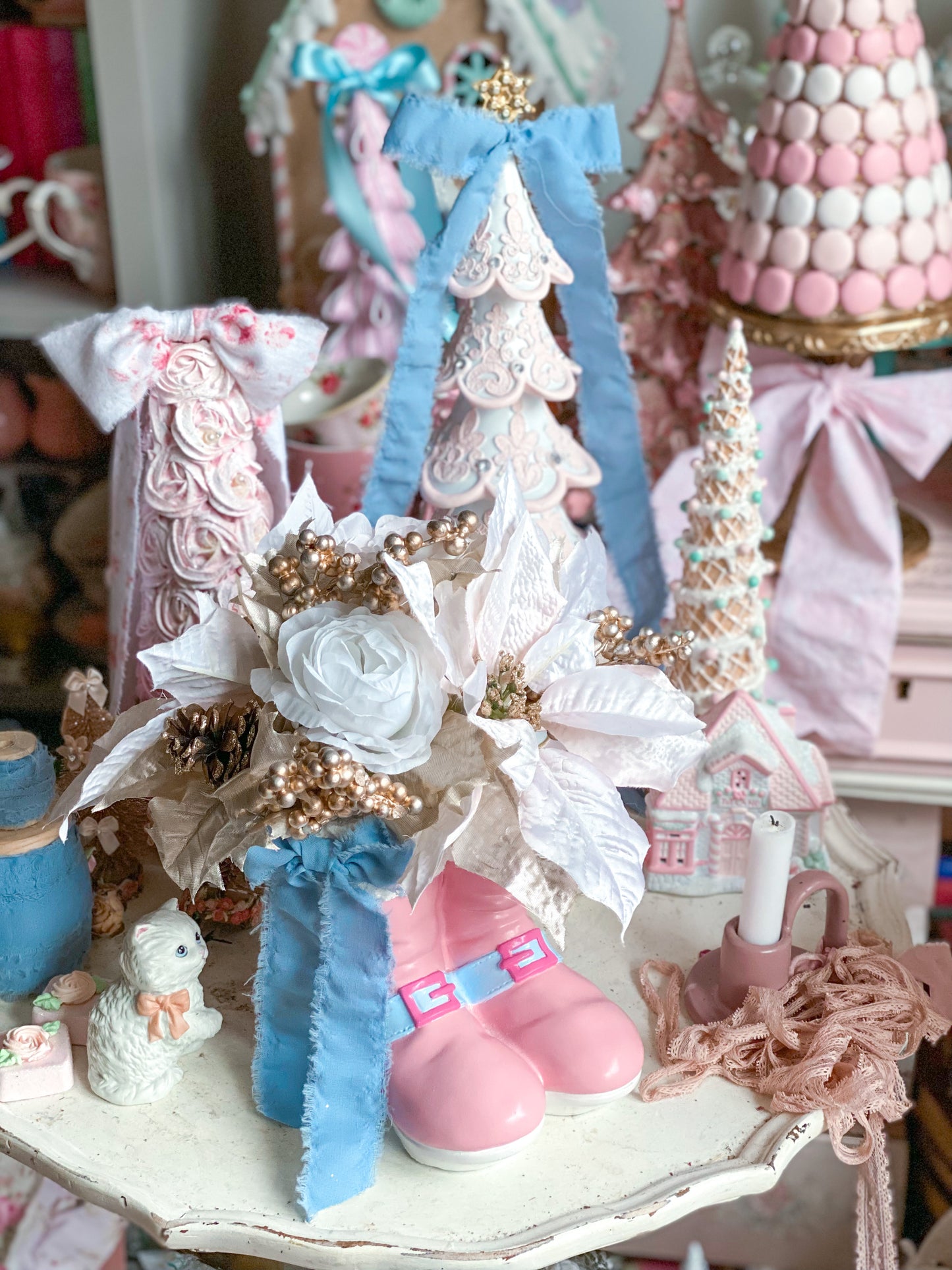 Bespoke Pastel Pink & Blue Santa Boots with Pink Poinsettia Arrangement