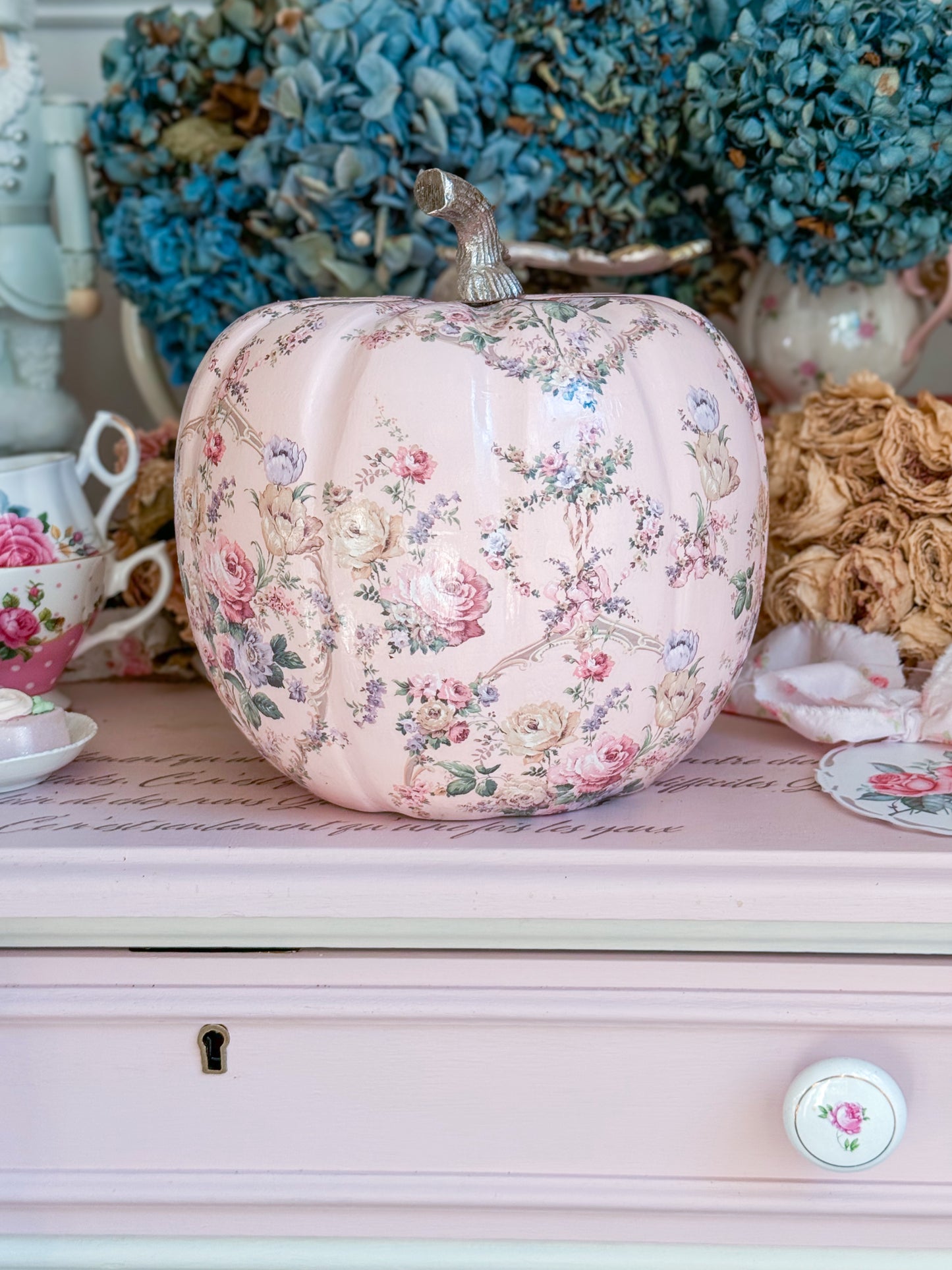 Bespoke Pastel Pink Hand Painted Shabby Chic Floral Pumpkin