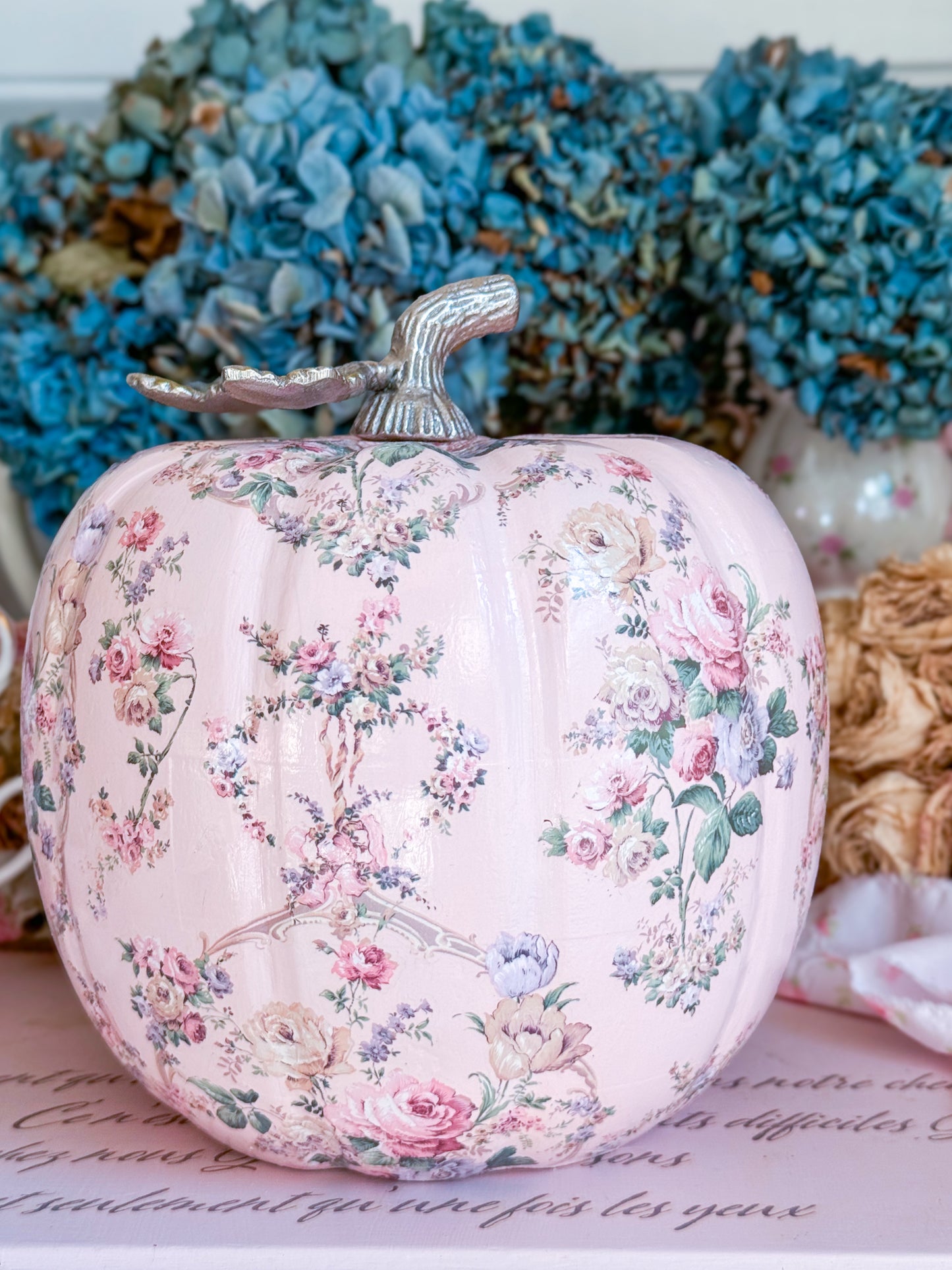 Bespoke Pastel Pink Hand Painted Shabby Chic Floral Pumpkin