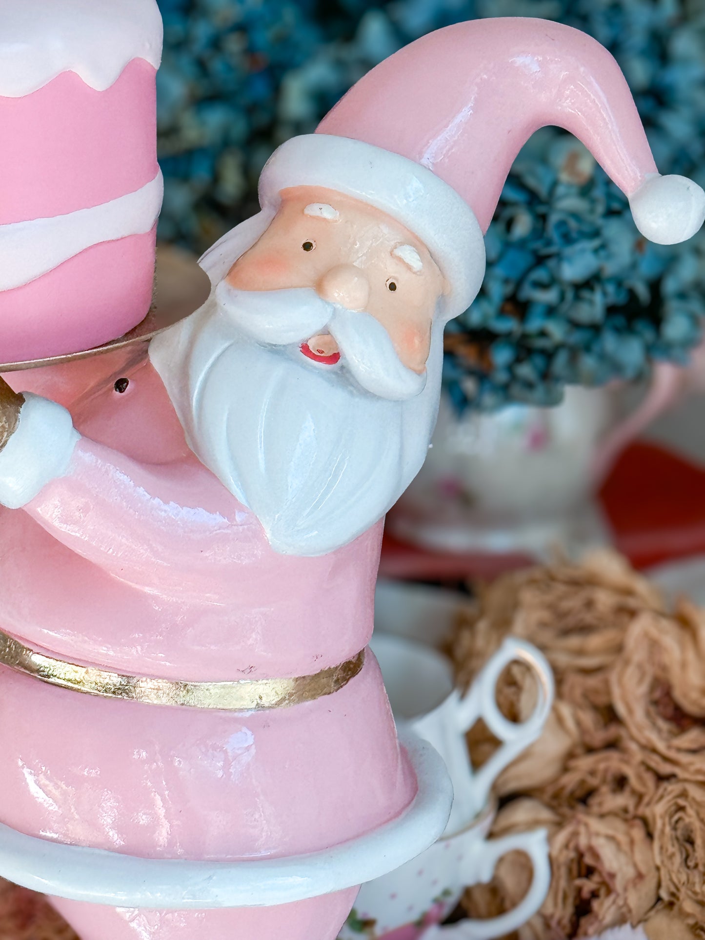 Pastel Pink and gold Santa Cake stand with hand painted ceramic mini cake