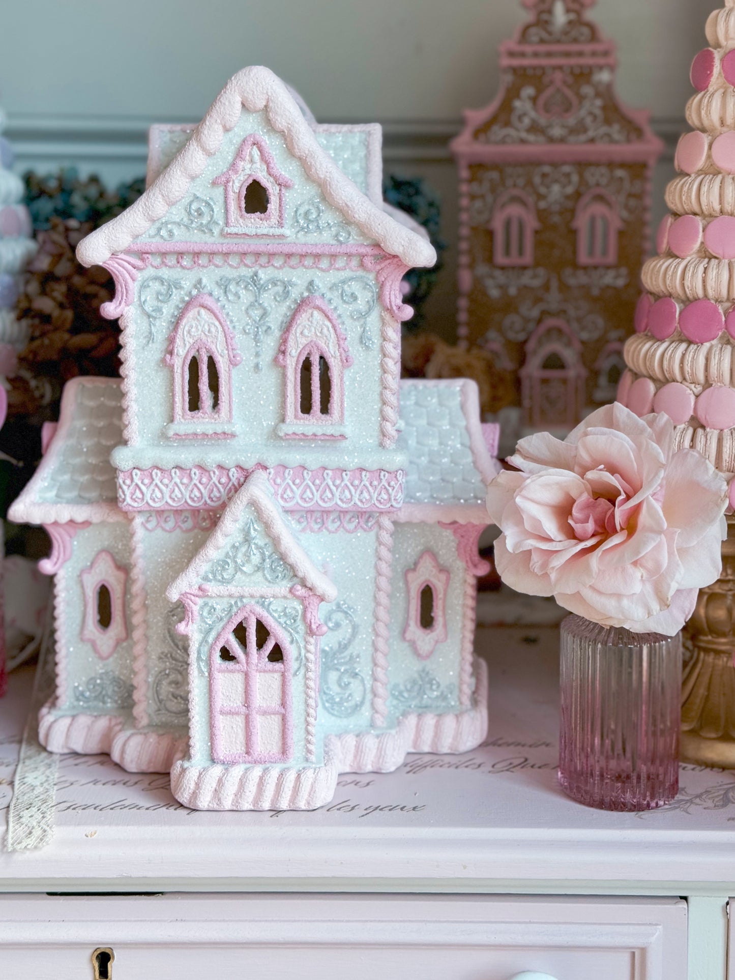 GLOW-UP COMMISSION: Bespoke Pastel Pink and White Hand Painted Two-Story Victorian Gingerbread House