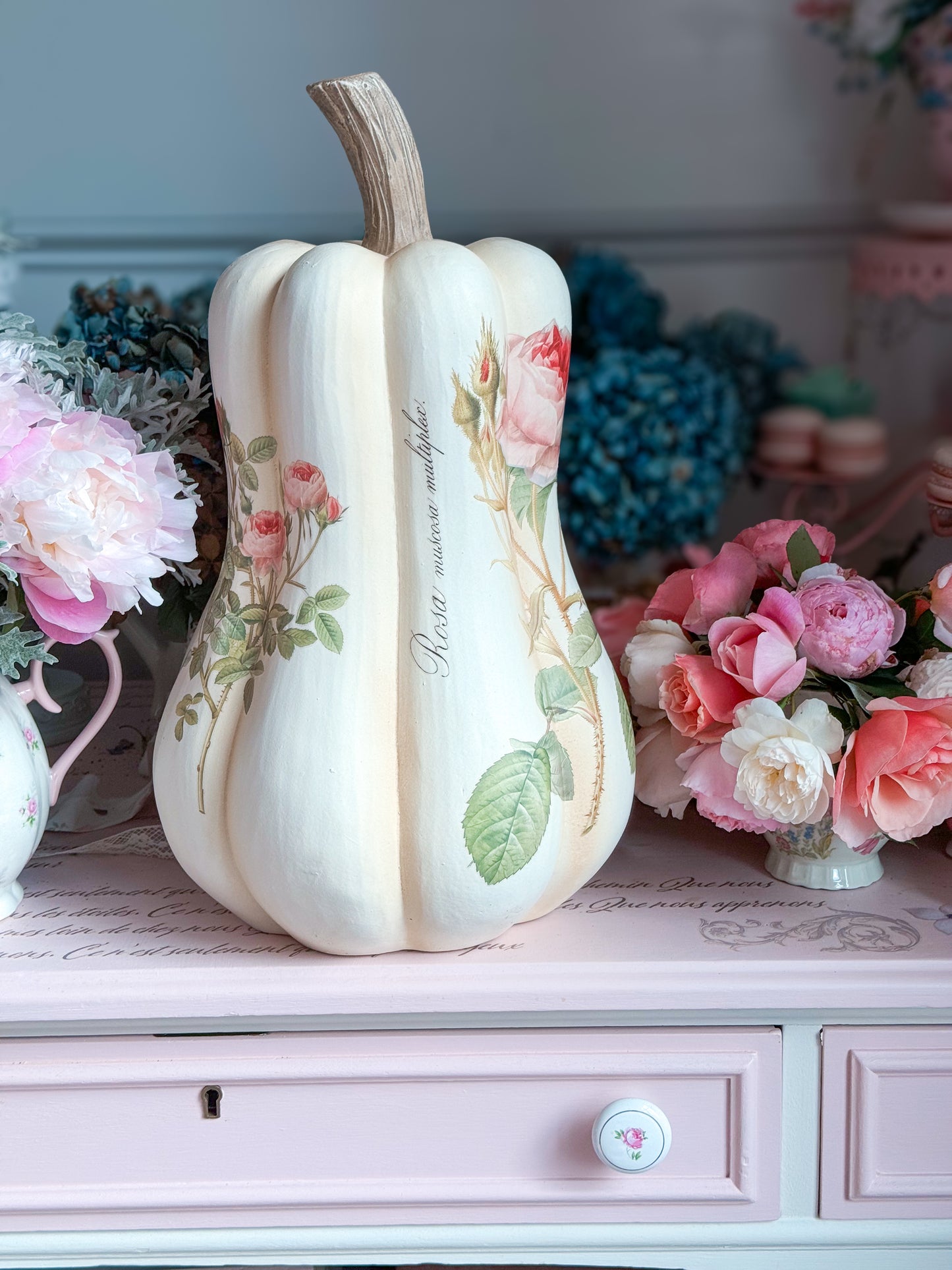 PRE-ORDER: Bespoke Redoute Roses Autumn Pumpkin Gourd with all Pink Roses