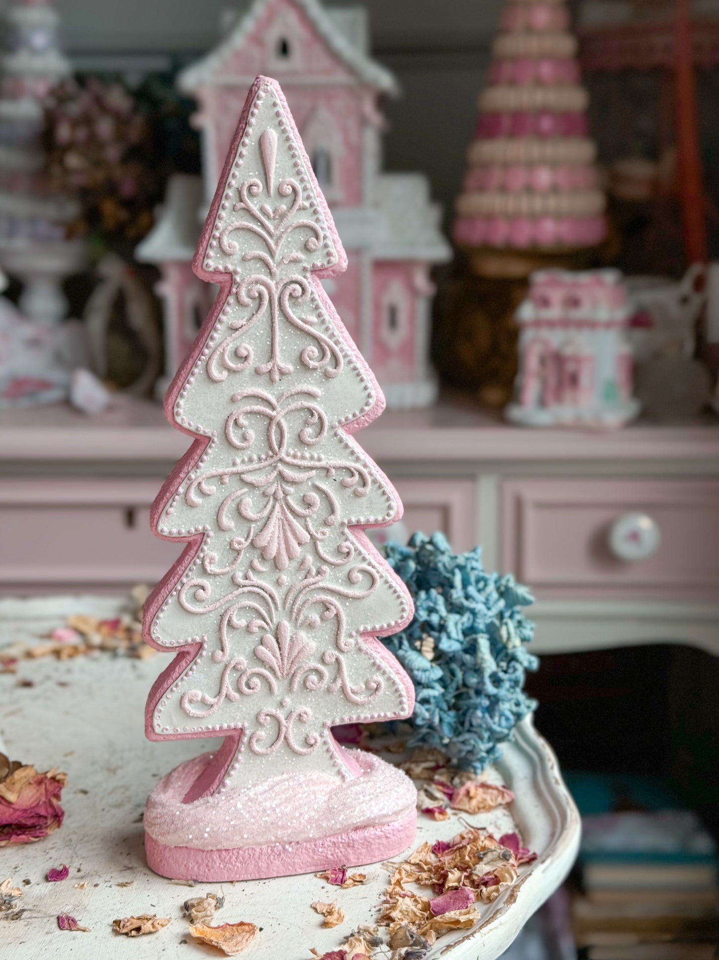 Bespoke Hand Painted Pastel Pink & White Gingerbread Cookie Christmas Tree