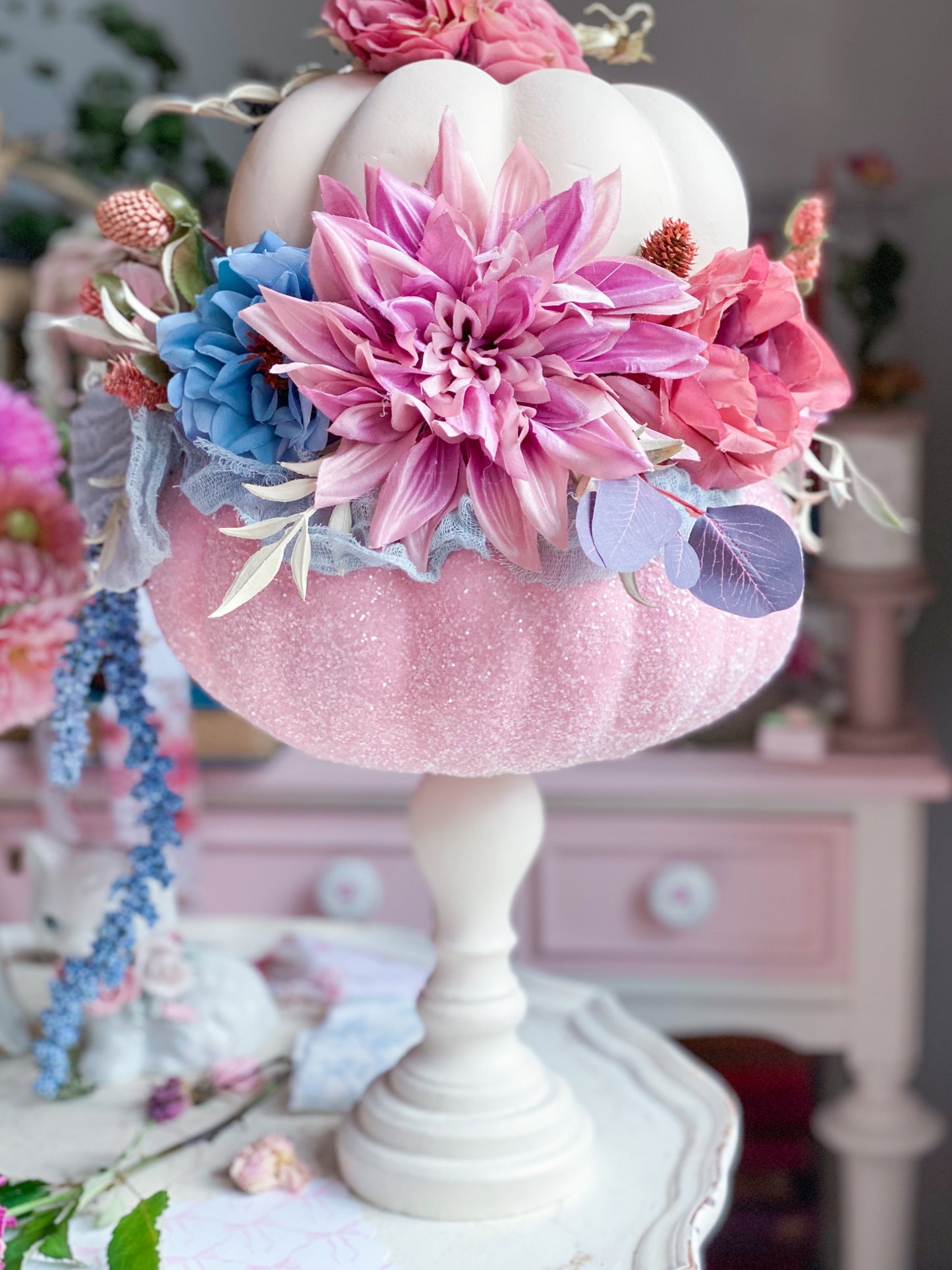 Bespoke Upcycled Pastel Cream, Pink and Blue Glam Glitter Pumpkin Topiary