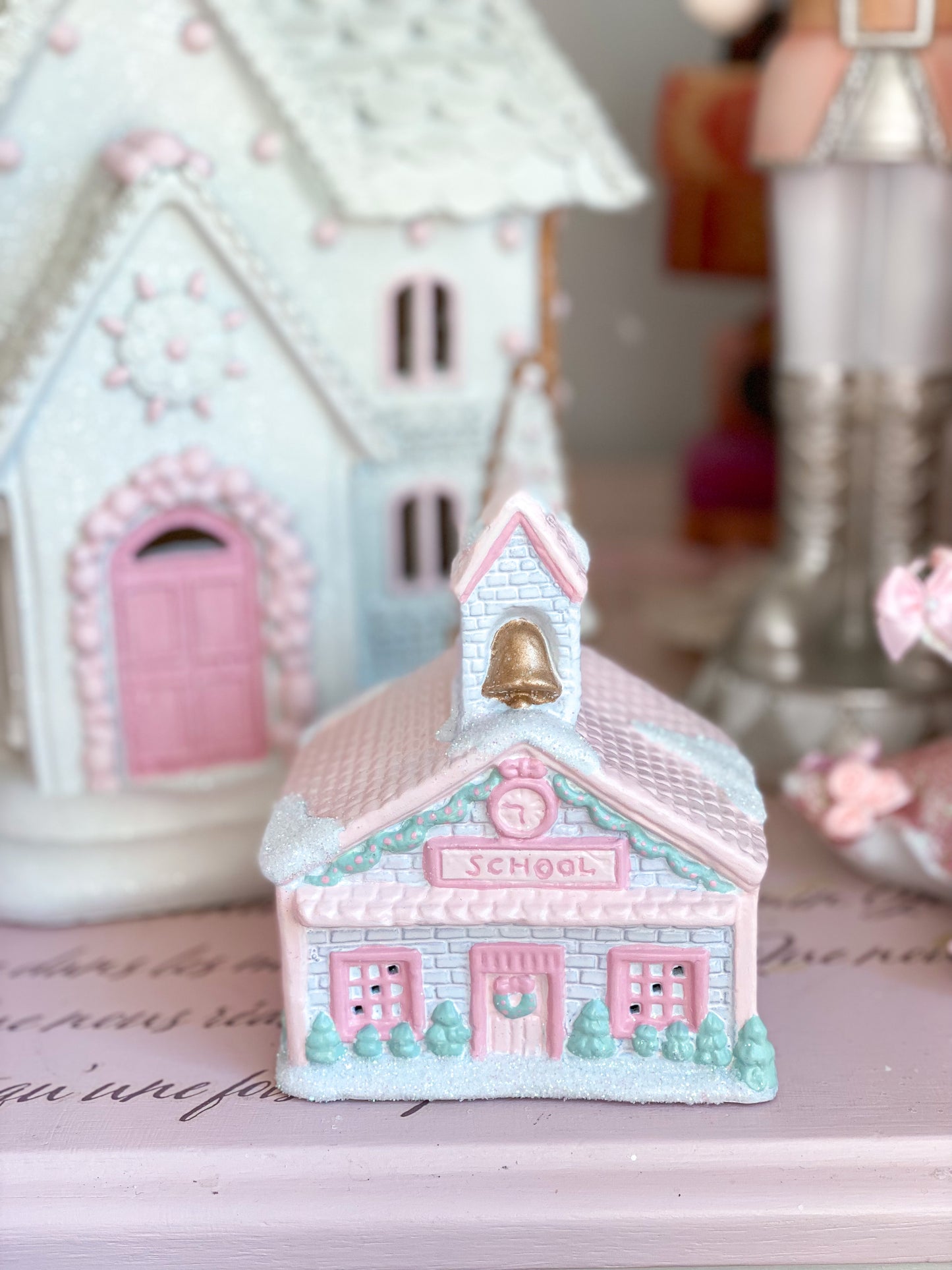 Bespoke Pastel Pink and White Hand Painted Petite Christmas Village School House PRE-ORDER