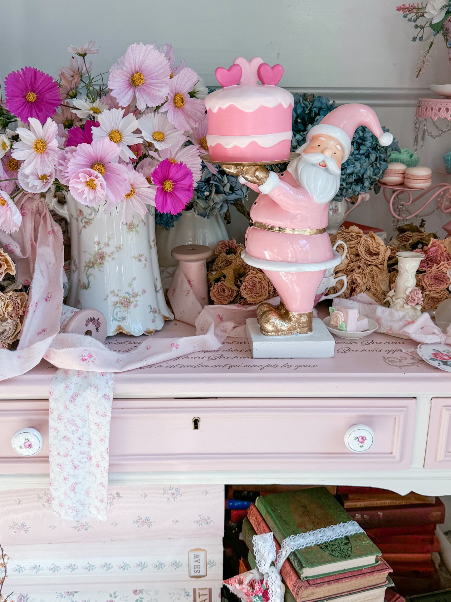 Pastel Pink and gold Santa Cake stand with hand painted ceramic mini cake