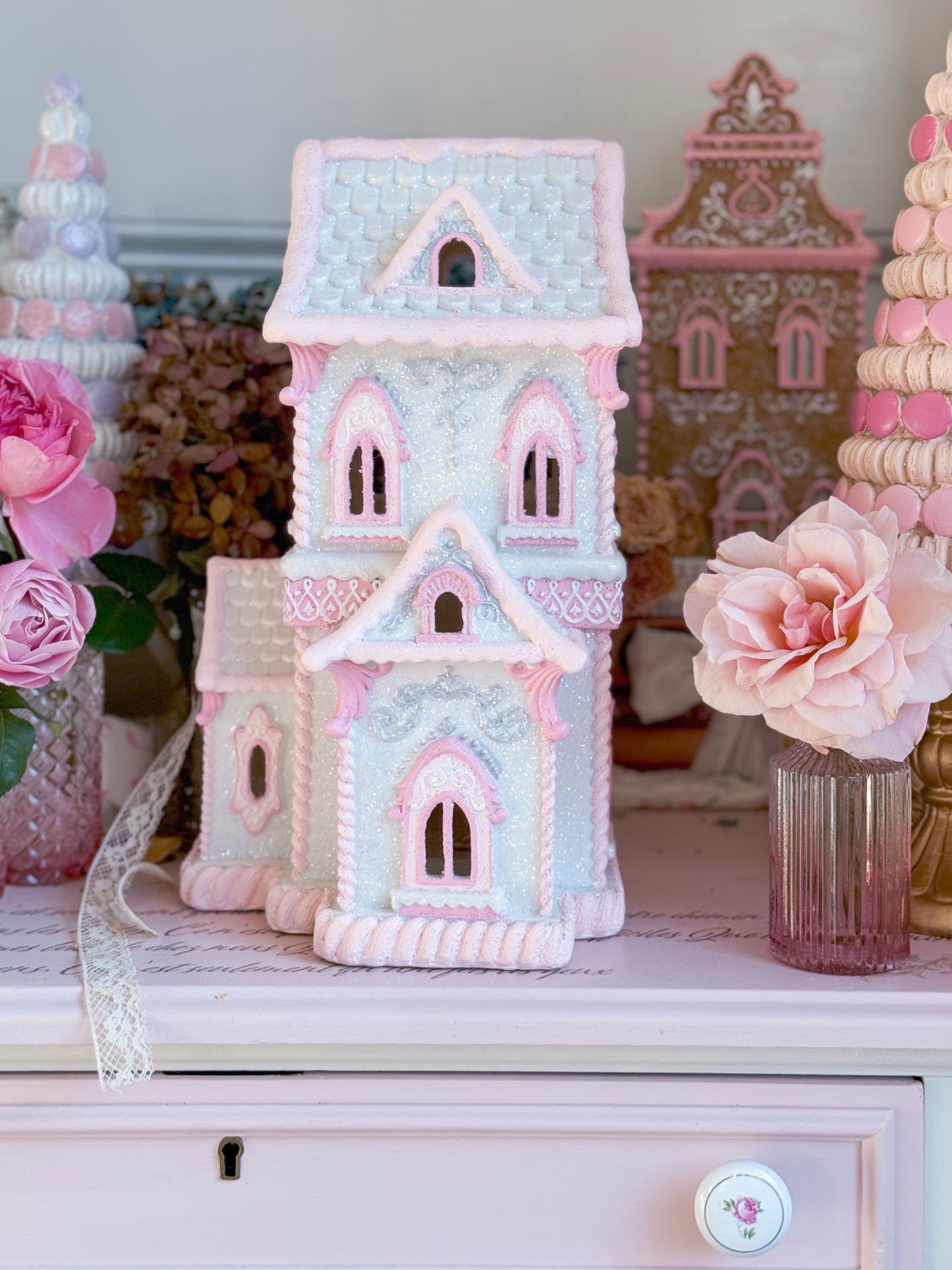 GLOW-UP COMMISSION: Bespoke Pastel Pink and White Hand Painted Two-Story Victorian Gingerbread House