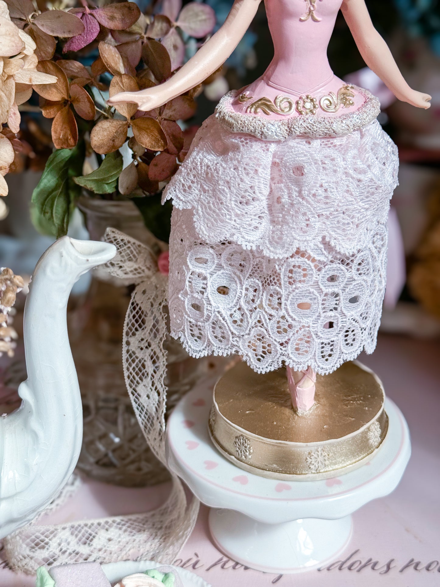 Bespoke Pink Ballerina Figurine with Handmade Tutu made of Luxurious Blush Lace