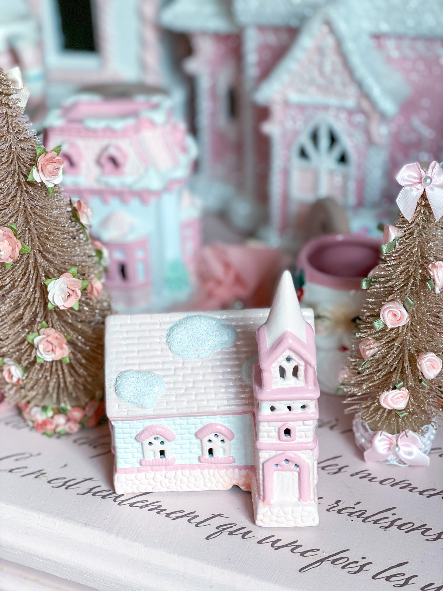 Bespoke Pastel Pink and White Petite Christmas Village Rural Chapel