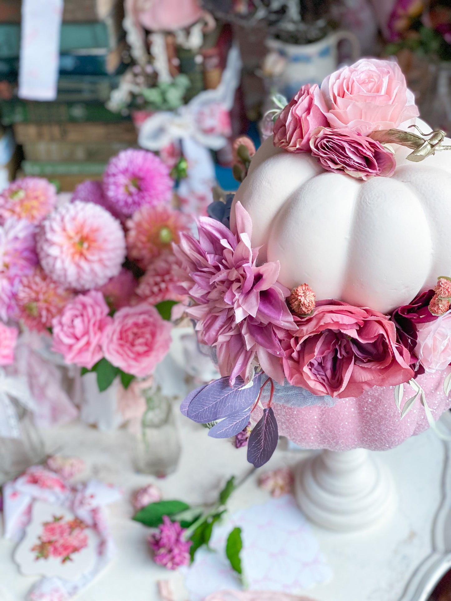 Bespoke Upcycled Pastel Cream, Pink and Blue Glam Glitter Pumpkin Topiary