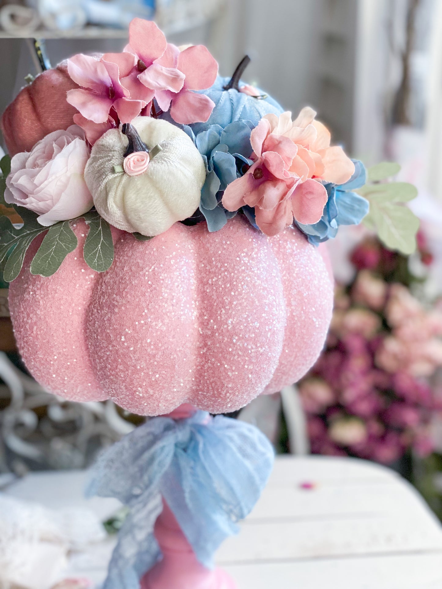 Bespoke Upcycled Pastel Pink Glam Glitter Pumpkin Topiary with Arrangement