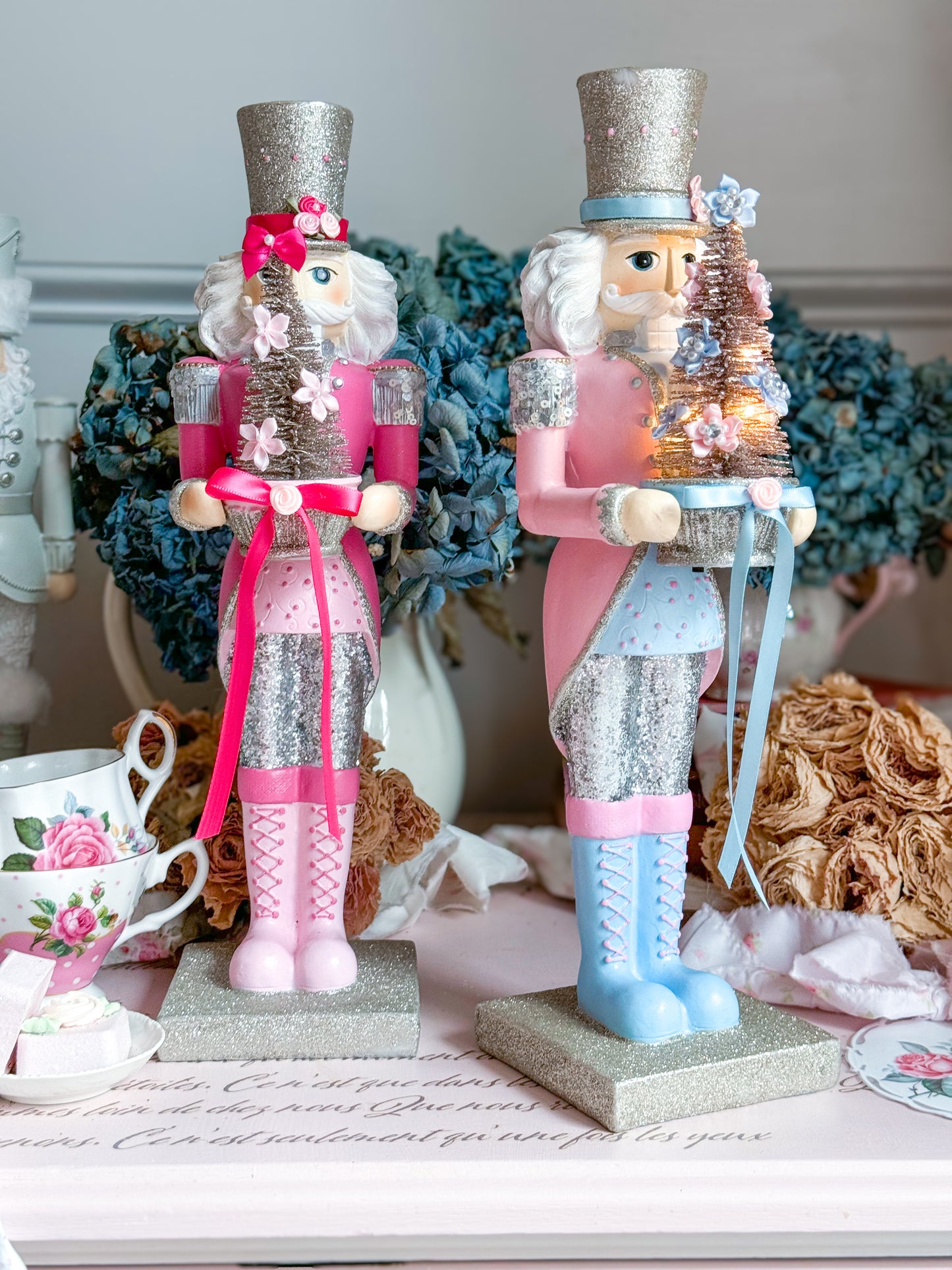 Bespoke Hand Painted Pink and Blue LED light up Nutcracker Bundle