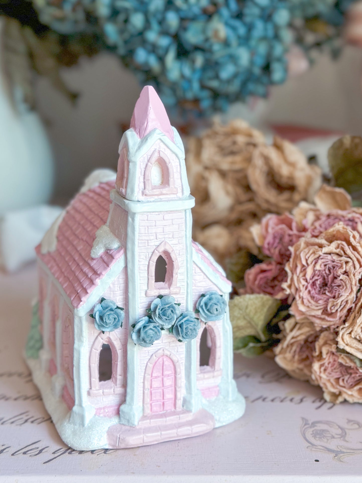 Bespoke Hand Painted Pastel Pink & Blue Christmas Village Church