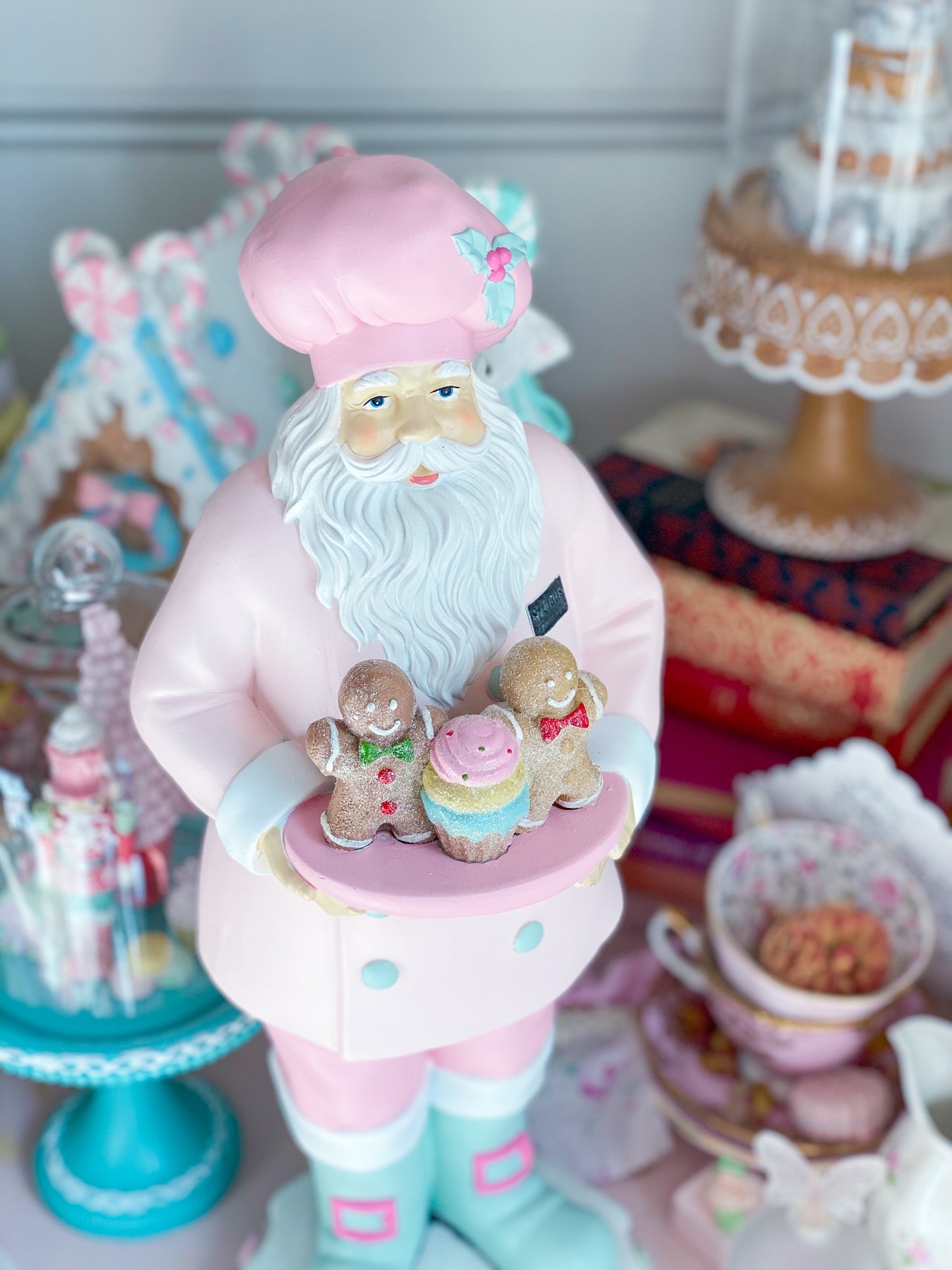 GLOW-UP COMMISSION: Hand Painted Pastel Pink and Mint Green Baking Santa with Gingerbread Men