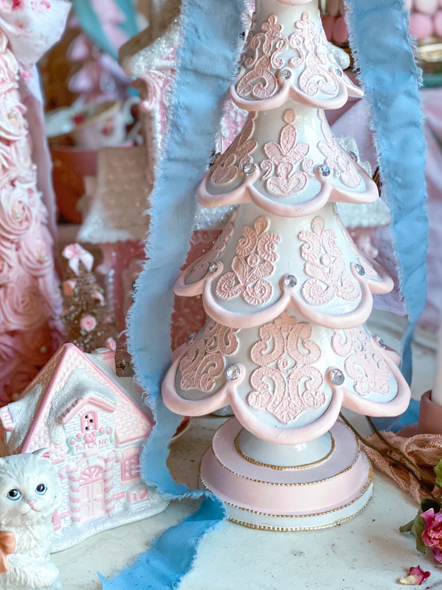 GLOW-UP COMMISSION: Bespoke Pink and White Hand Painted Elegant Lace Christmas Tree with Blue Bow