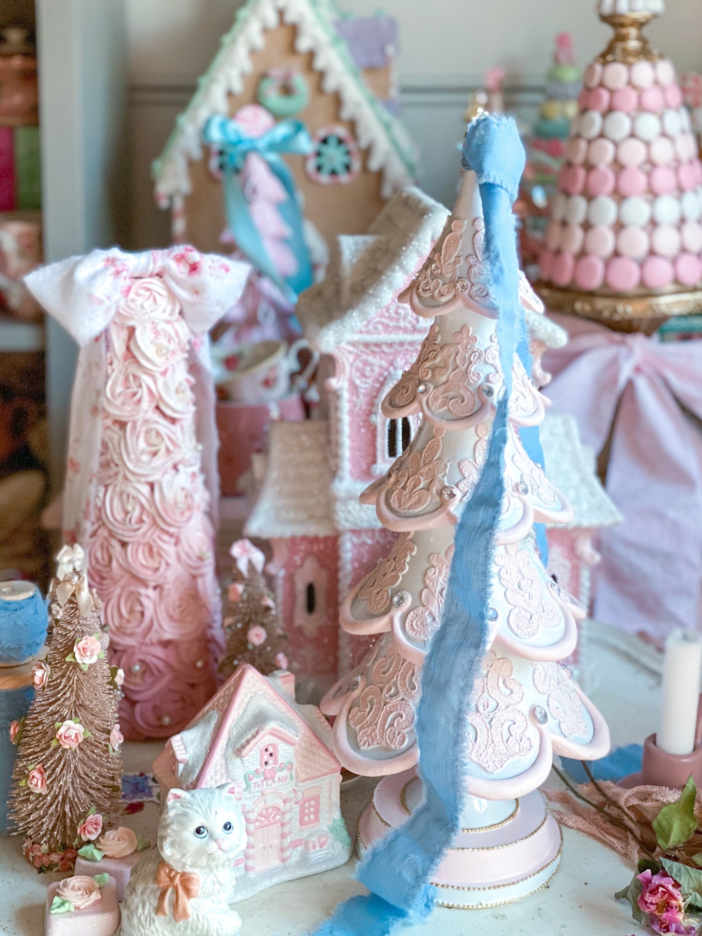 GLOW-UP COMMISSION: Bespoke Pink and White Hand Painted Elegant Lace Christmas Tree with Blue Bow