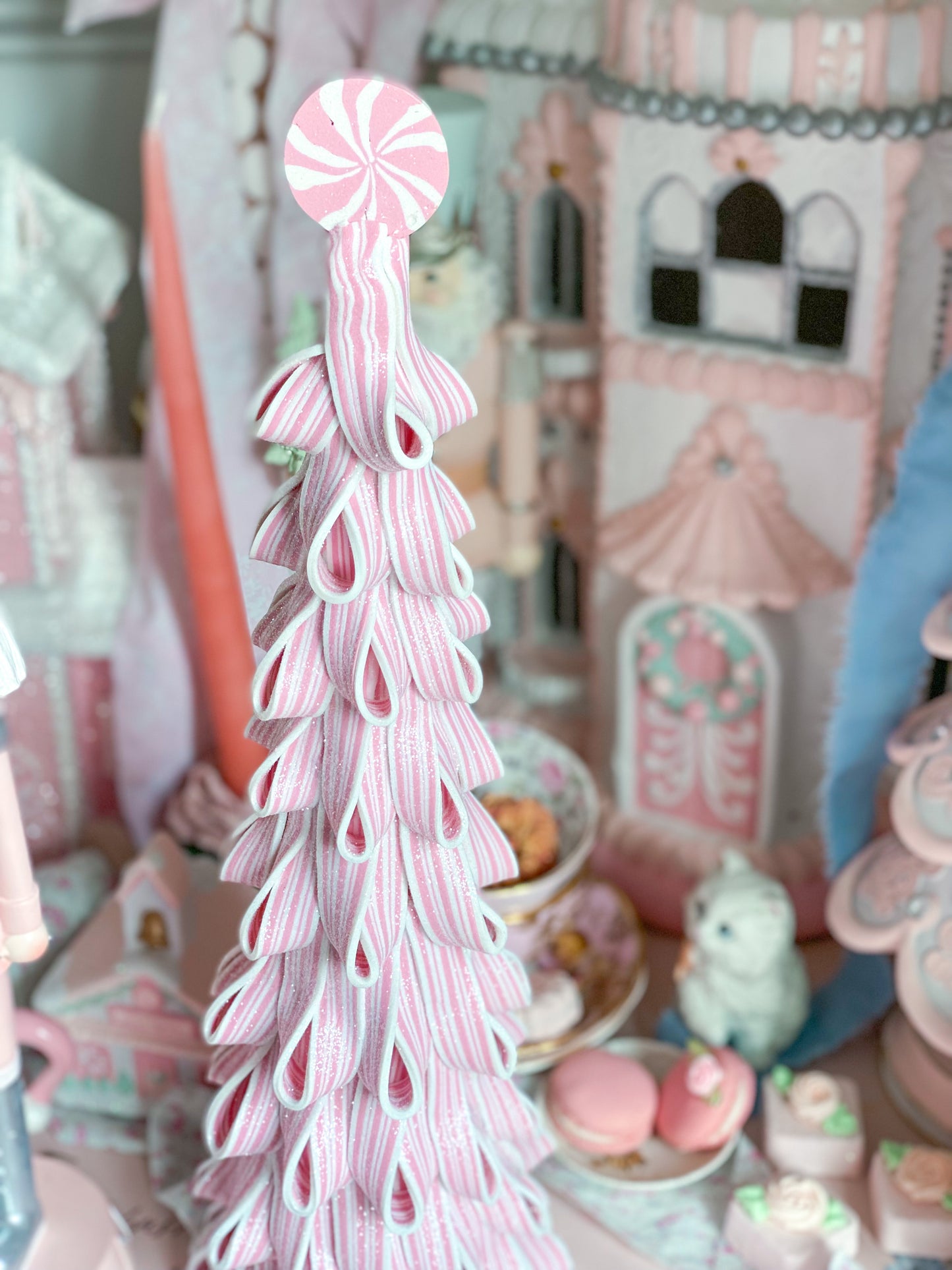 Medium Pink and White Glitter Ribbon Candy Tree