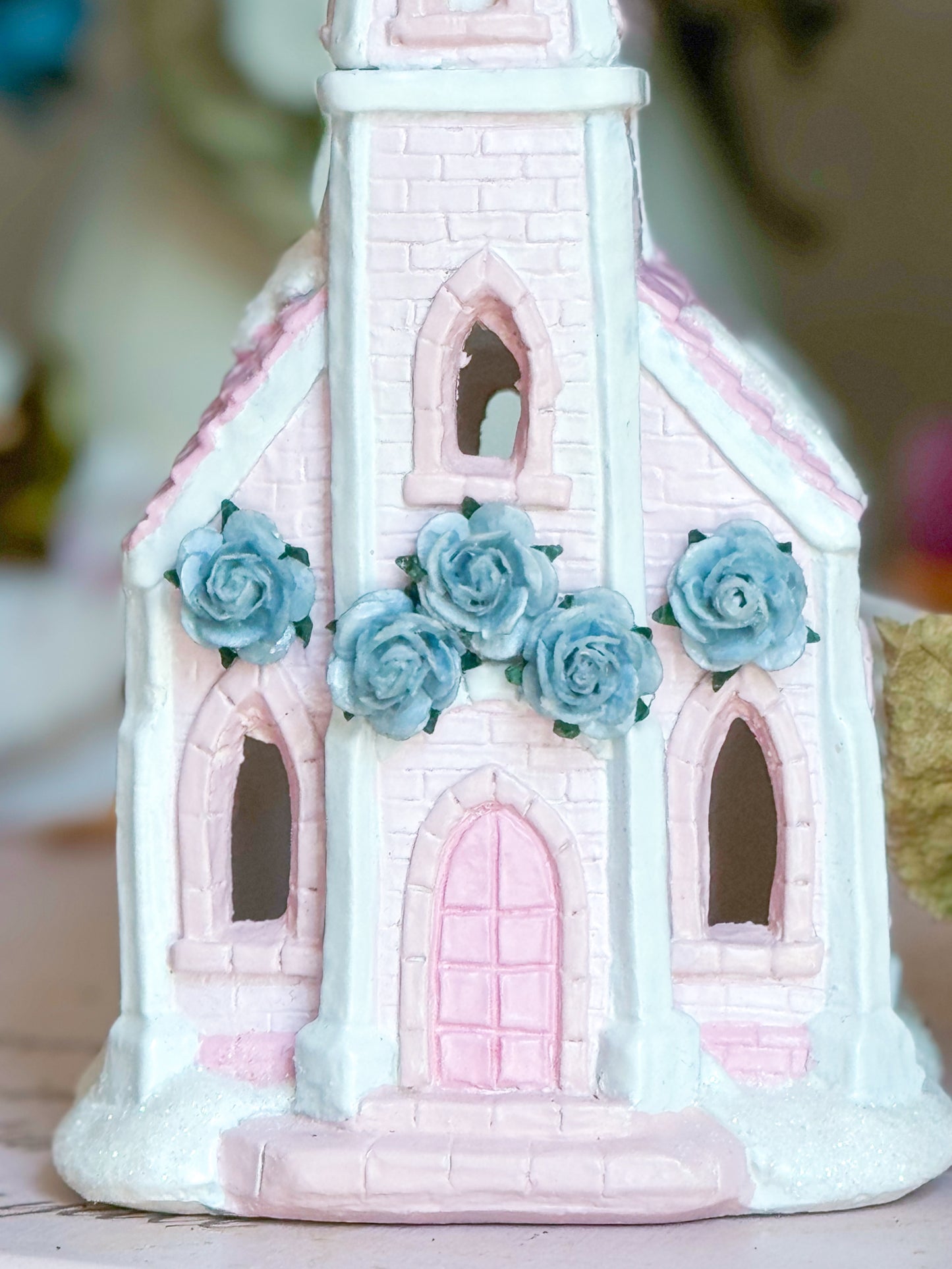 Bespoke Hand Painted Pastel Pink & Blue Christmas Village Church