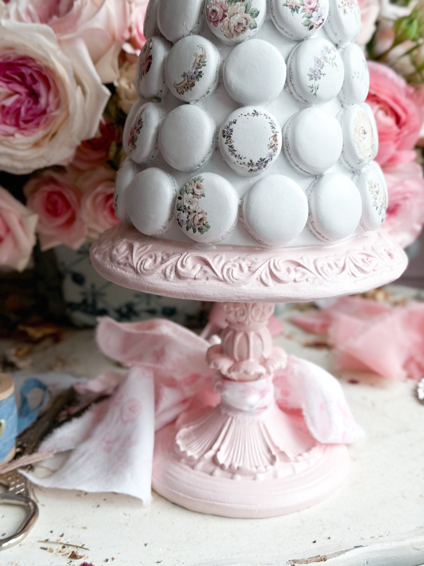 Bespoke Hand Painted Pastel Pink and White Shabby Chic Floral Macaron Tree