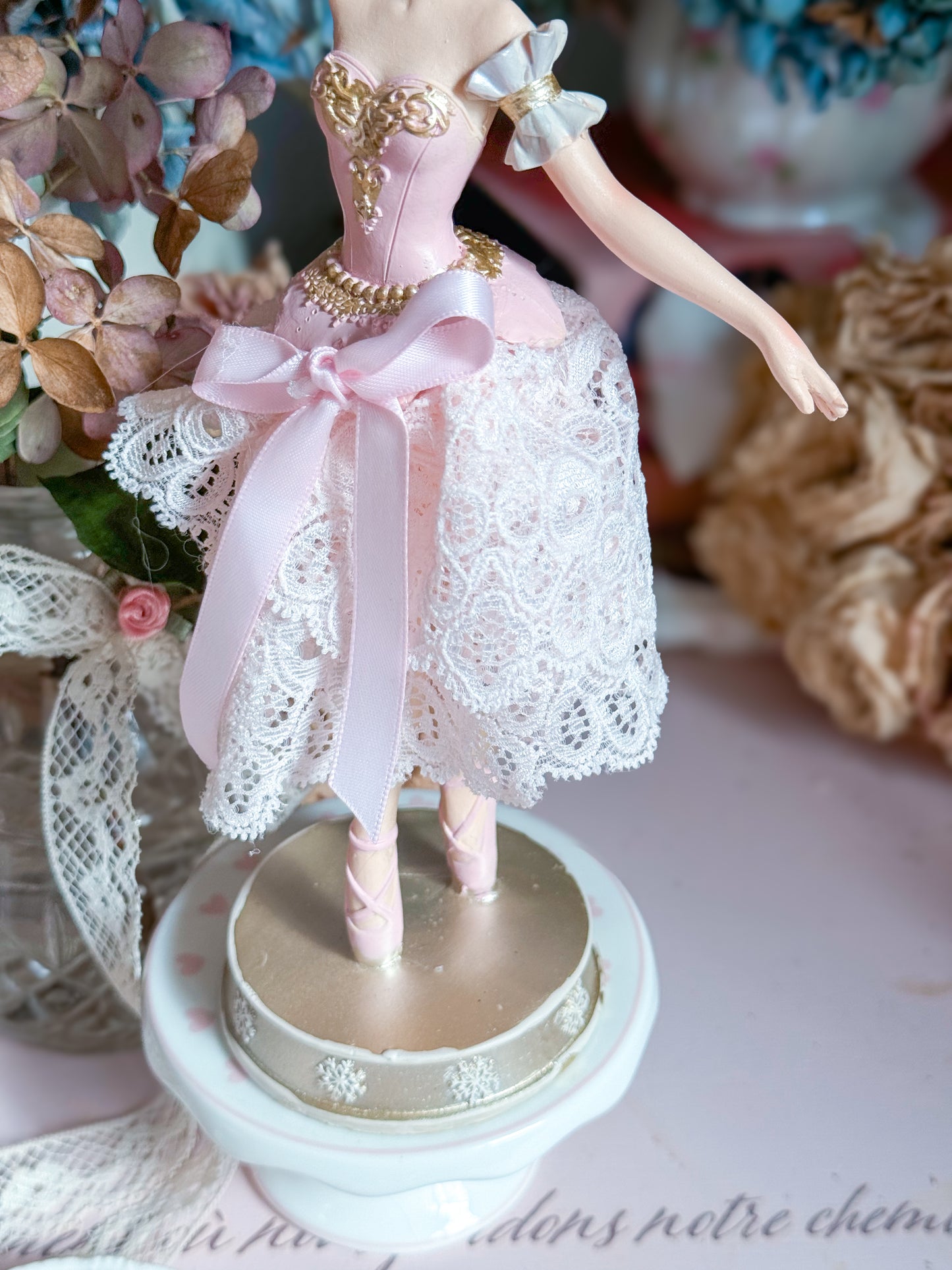 Bespoke Pink Ballerina Figurine with Handmade Skirt of Luxurious Pastel Pink Lace