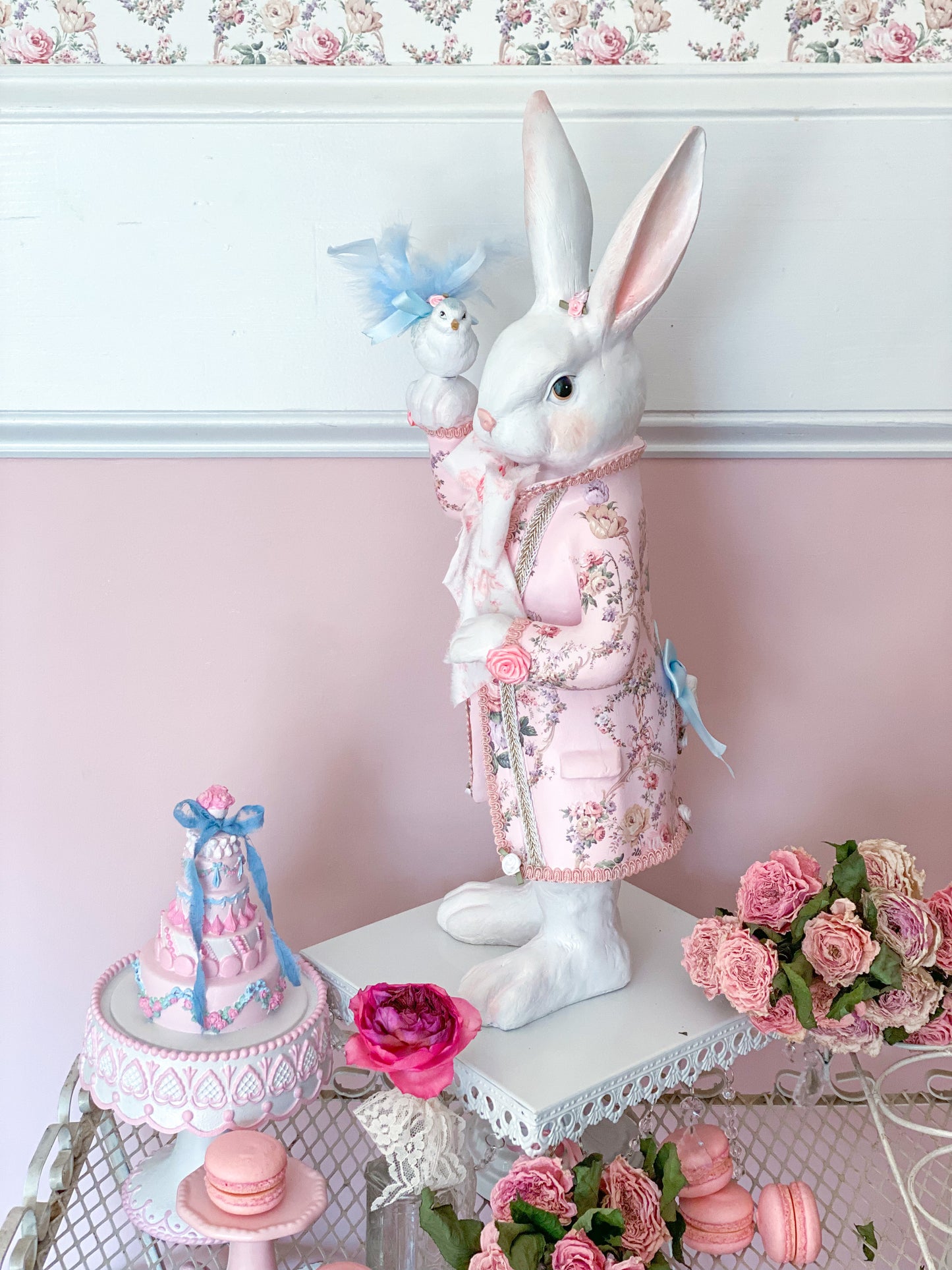 Bespoke Pastel Pink Rococo French Dandy Bunny with Brocade Style Jacket