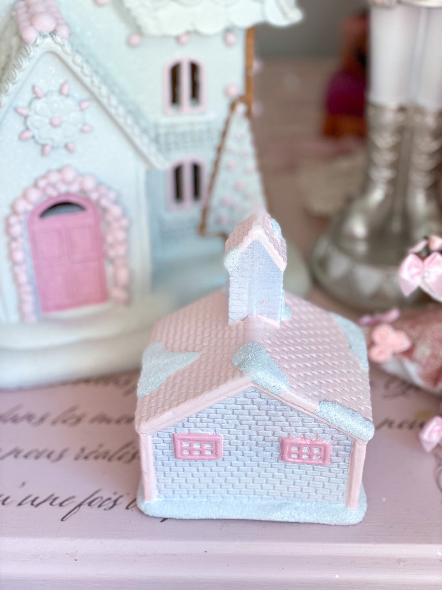 Bespoke Pastel Pink and White Hand Painted Petite Christmas Village School House PRE-ORDER