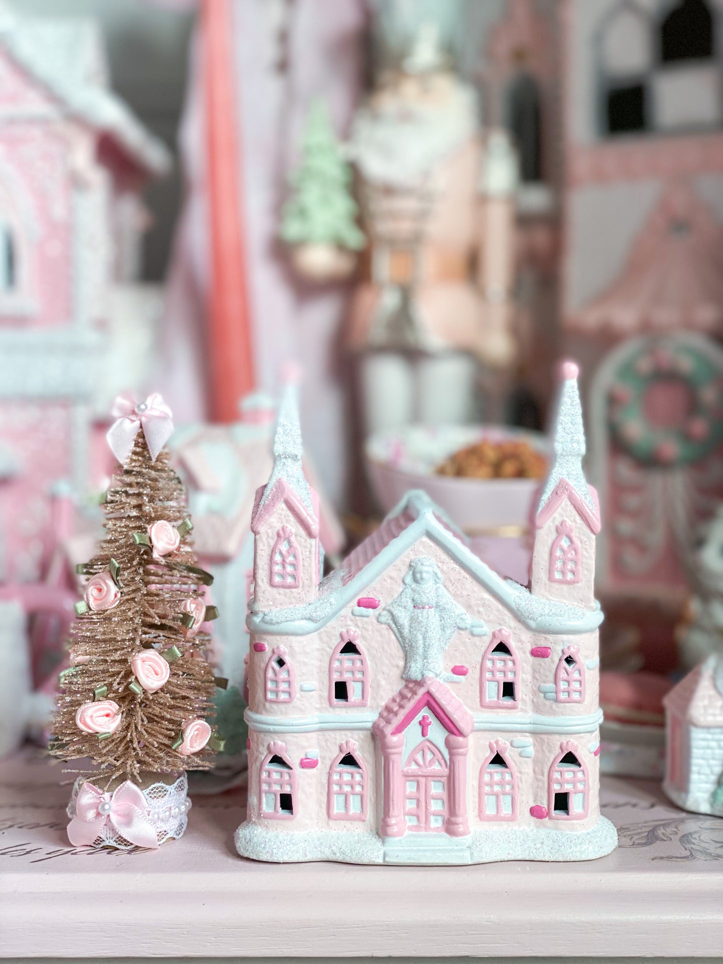 Bespoke Pastel Pink and White Petite Christmas Village Cathedral