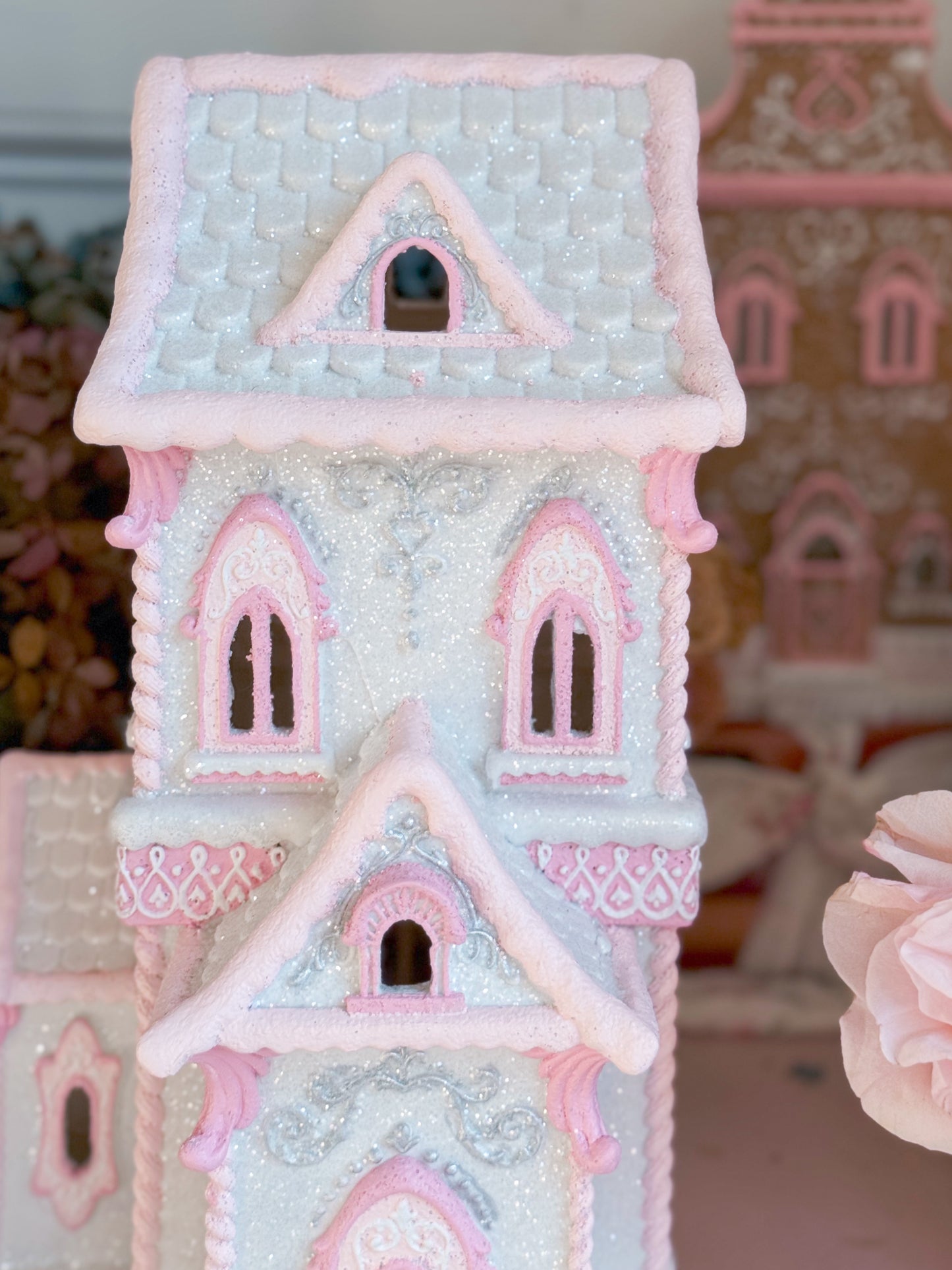 GLOW-UP COMMISSION: Bespoke Pastel Pink and White Hand Painted Two-Story Victorian Gingerbread House