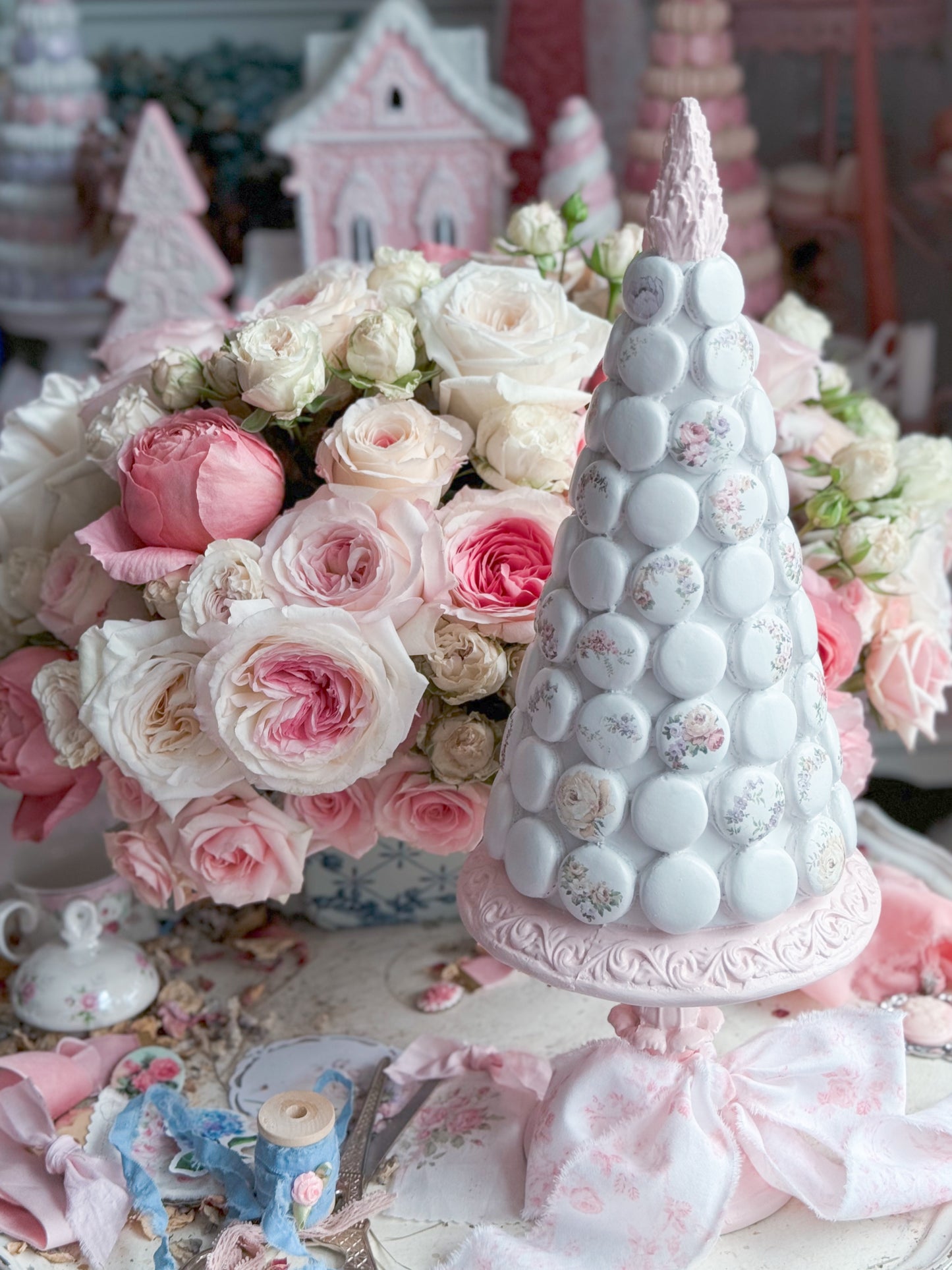 Bespoke Hand Painted Pastel Pink and White Shabby Chic Floral Macaron Tree