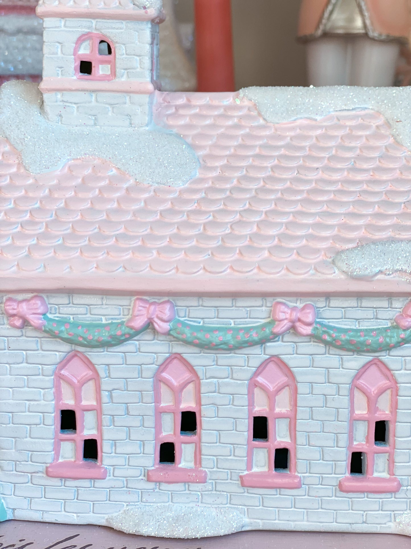 Bespoke Porcelain Pastel Pink and White Hand Painted Christmas Village Chapel