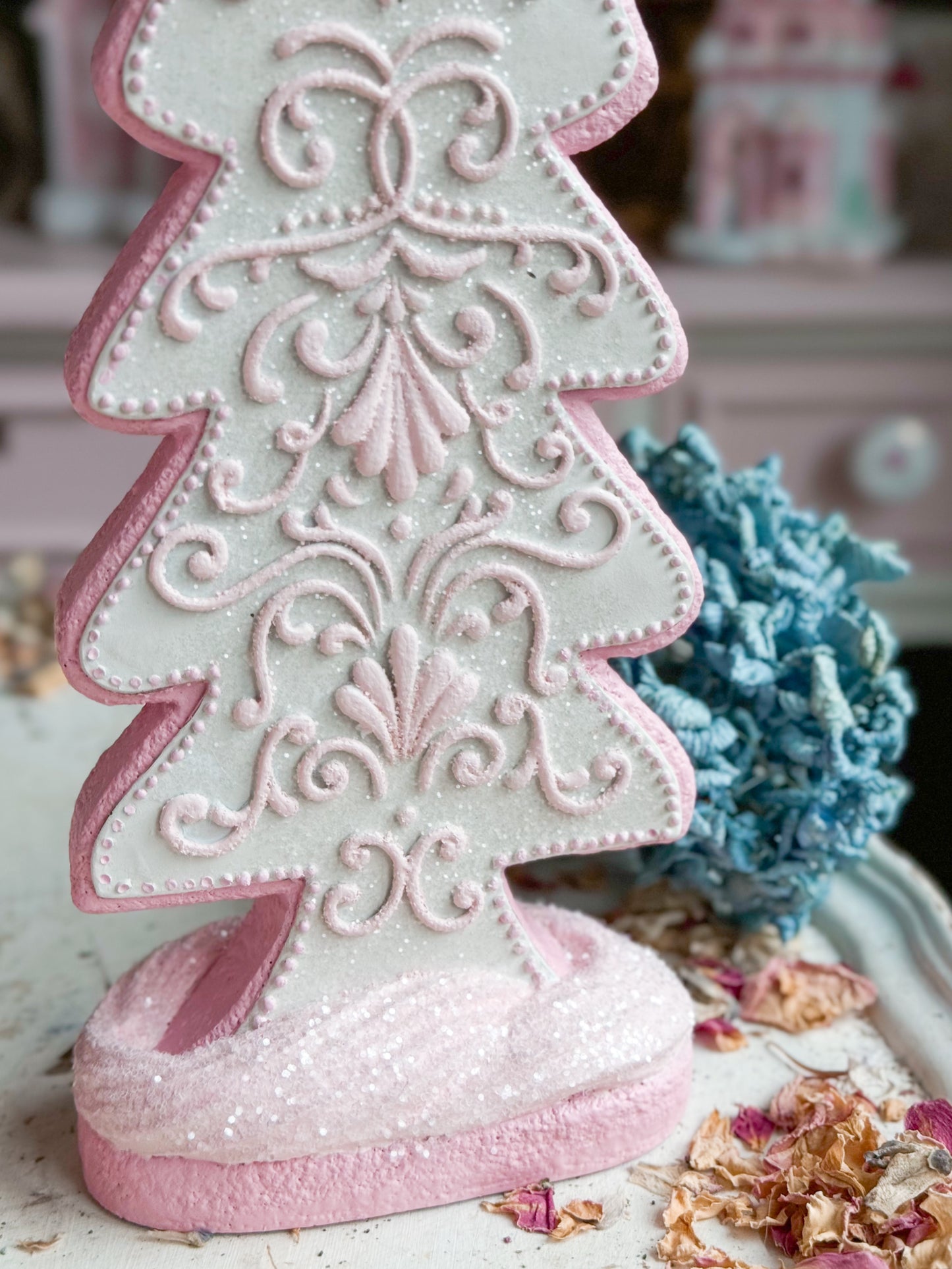 Bespoke Hand Painted Pastel Pink & White Gingerbread Cookie Christmas Tree